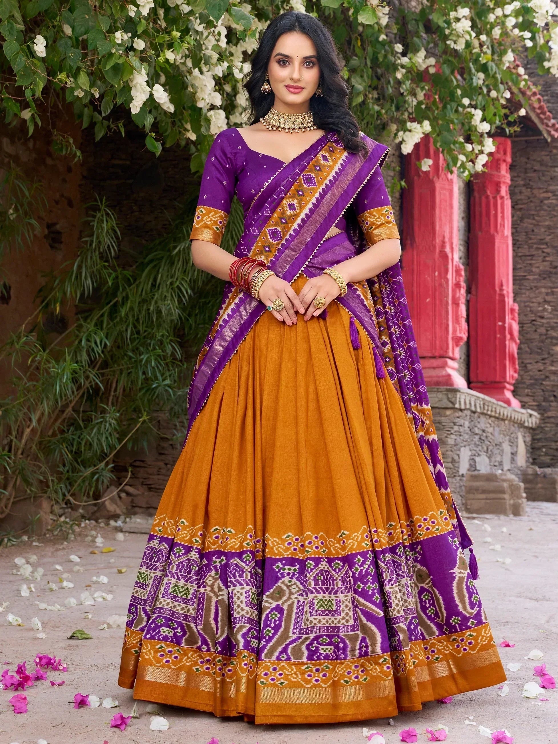 Mustard Alluring Patola Printed Tussar Silk Traditional Lehenga Choli
