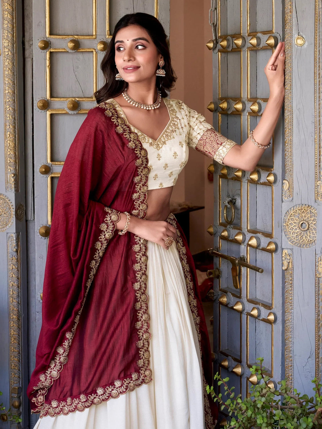 Off White Lovable Off-Zari Weaving Border Vichitra Silk Half Saree Lehenga
