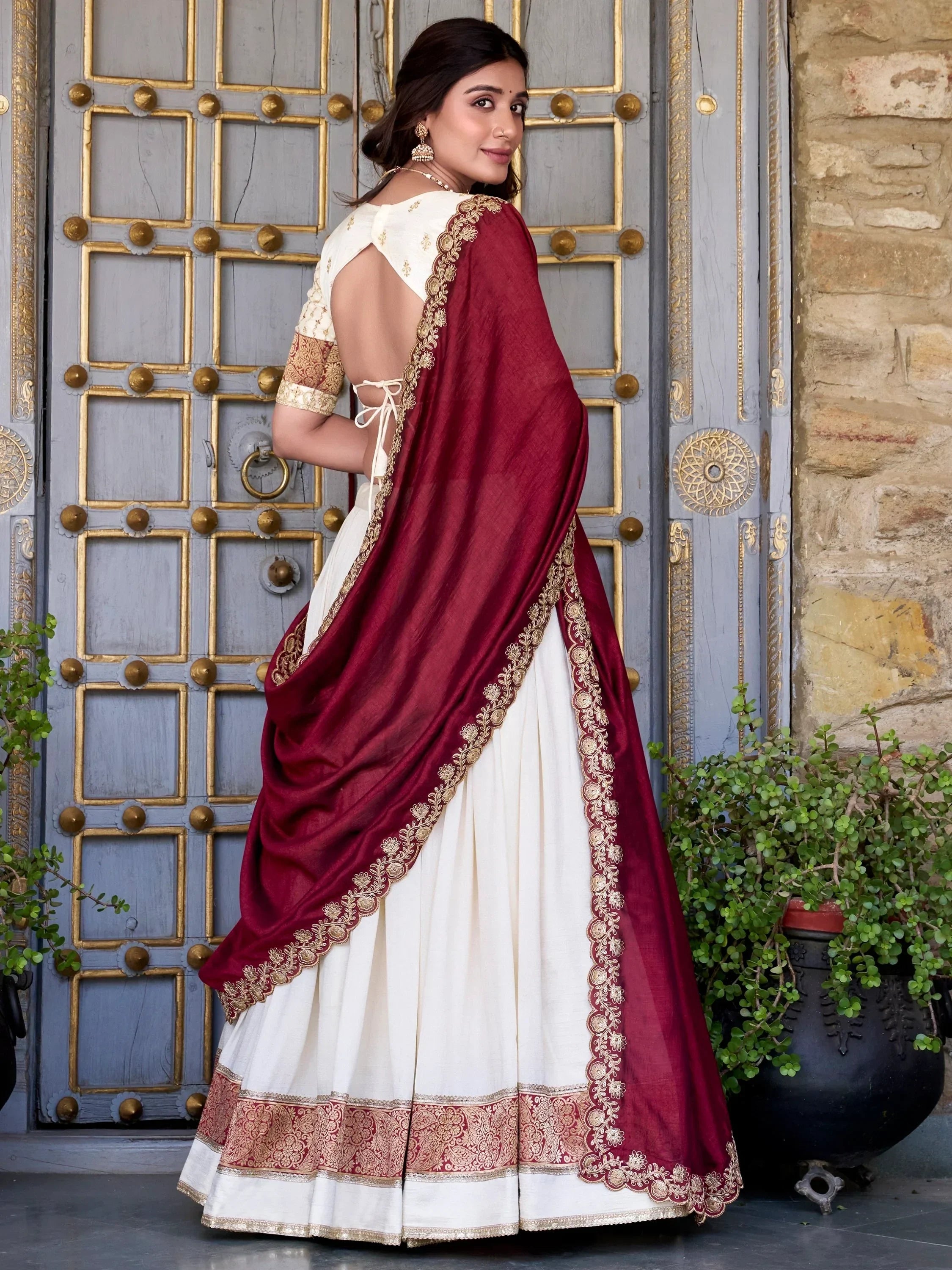 Off White Lovable Off-Zari Weaving Border Vichitra Silk Half Saree Lehenga