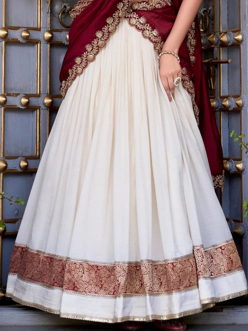 Off White Lovable Off-Zari Weaving Border Vichitra Silk Half Saree Lehenga