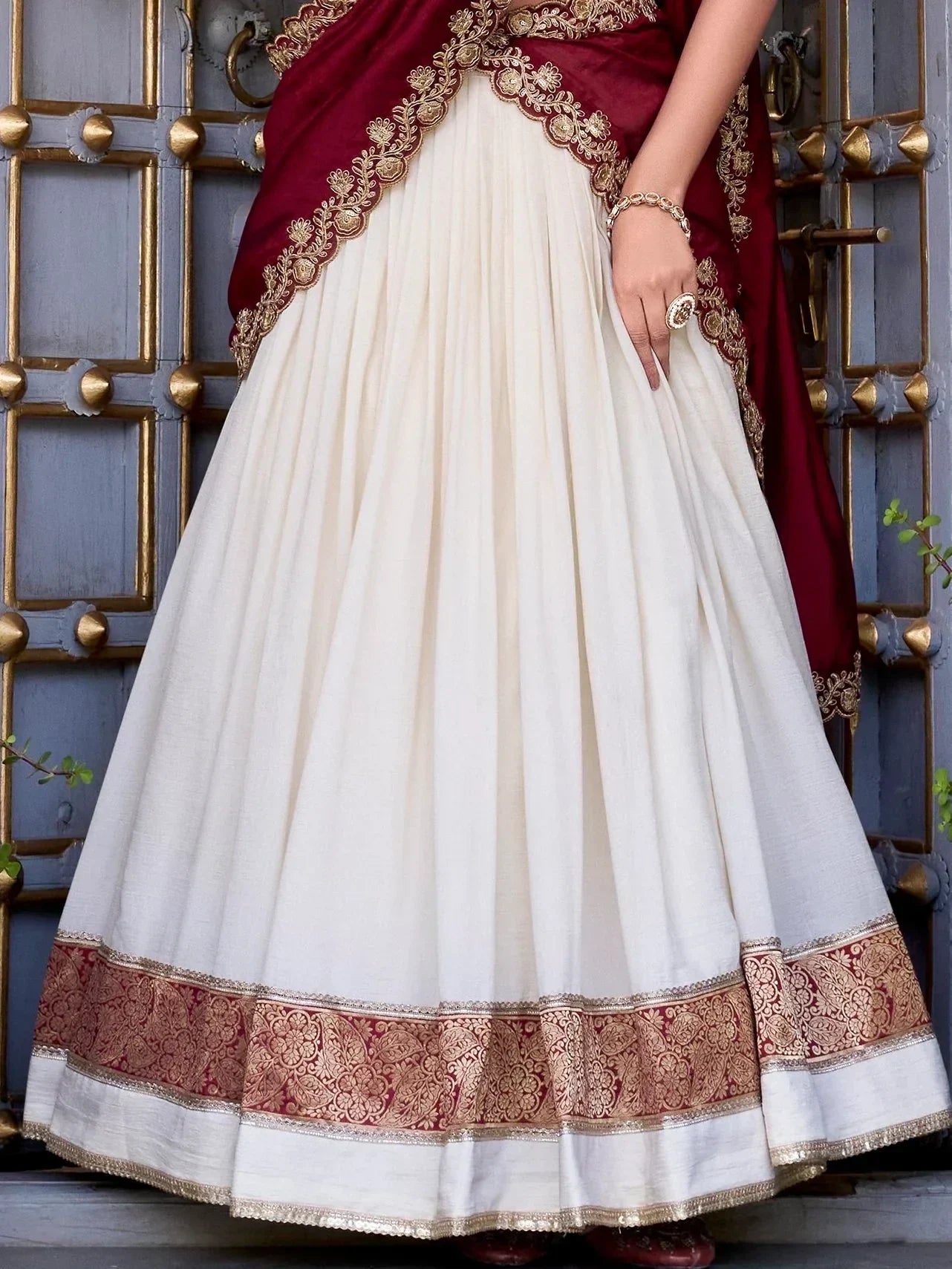 Off White Lovable Off-Zari Weaving Border Vichitra Silk Half Saree Lehenga