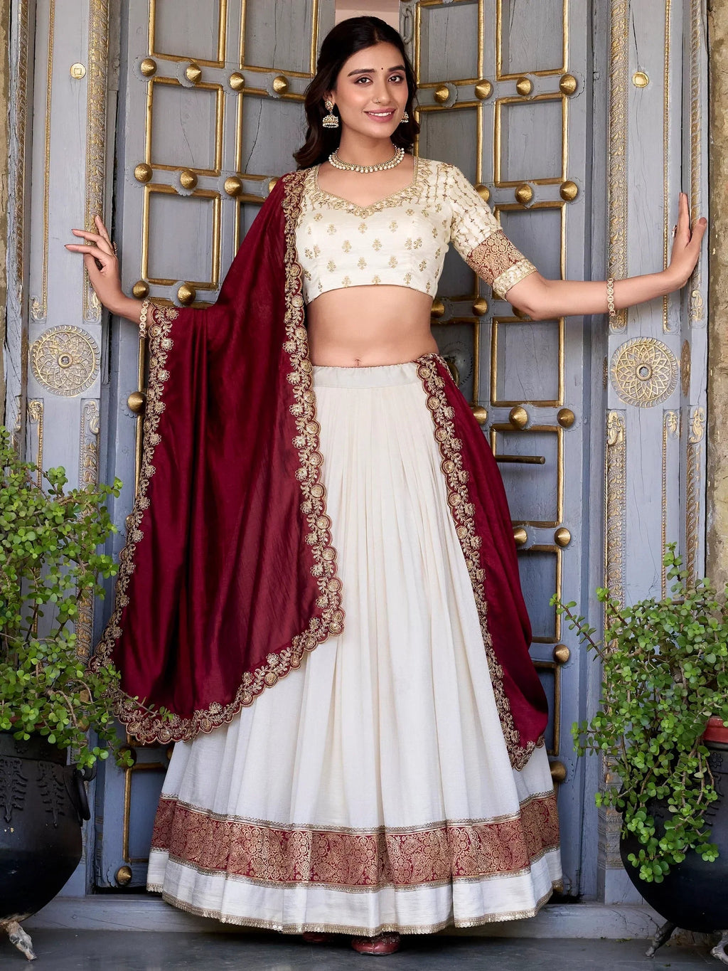 Off White Lovable Off-Zari Weaving Border Vichitra Silk Half Saree Lehenga