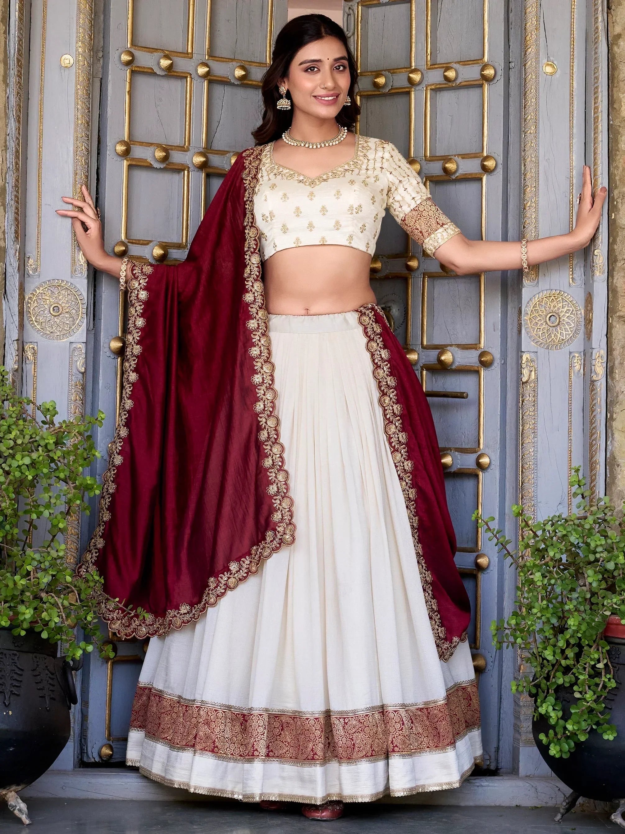 Off White Lovable Off-Zari Weaving Border Vichitra Silk Half Saree Lehenga