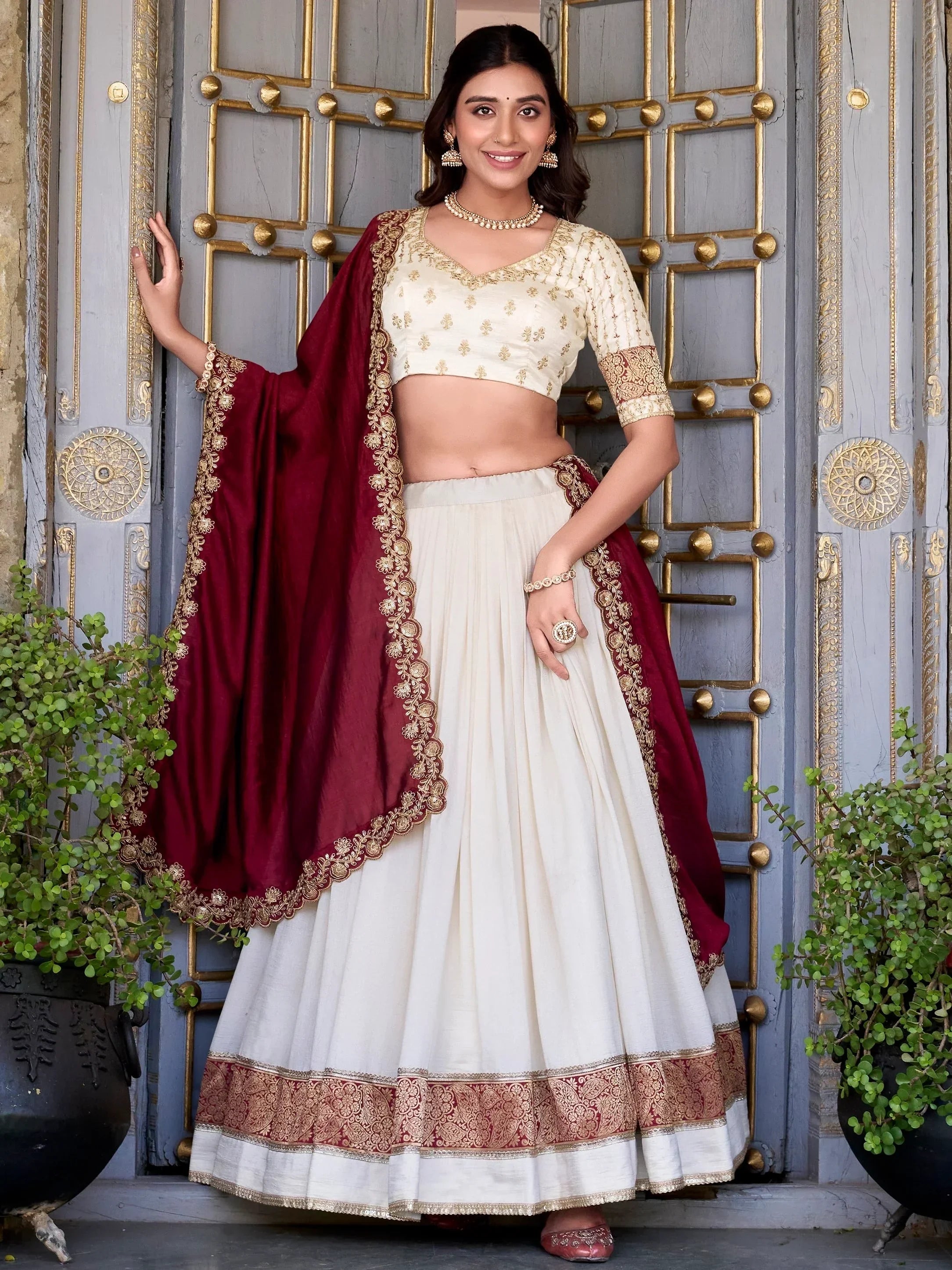 Off White Lovable Off-Zari Weaving Border Vichitra Silk Half Saree Lehenga