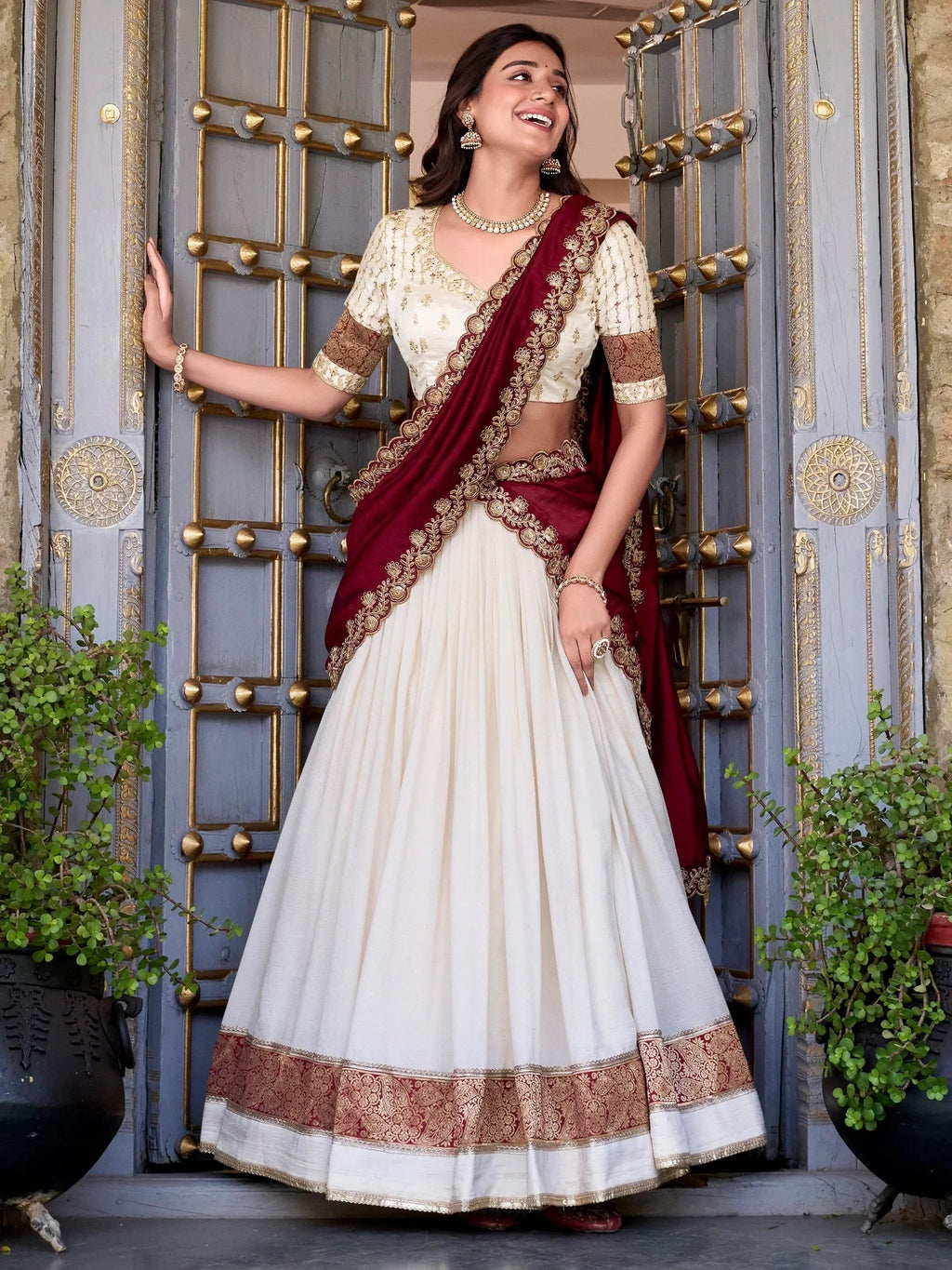 Off White Lovable Off-Zari Weaving Border Vichitra Silk Half Saree Lehenga