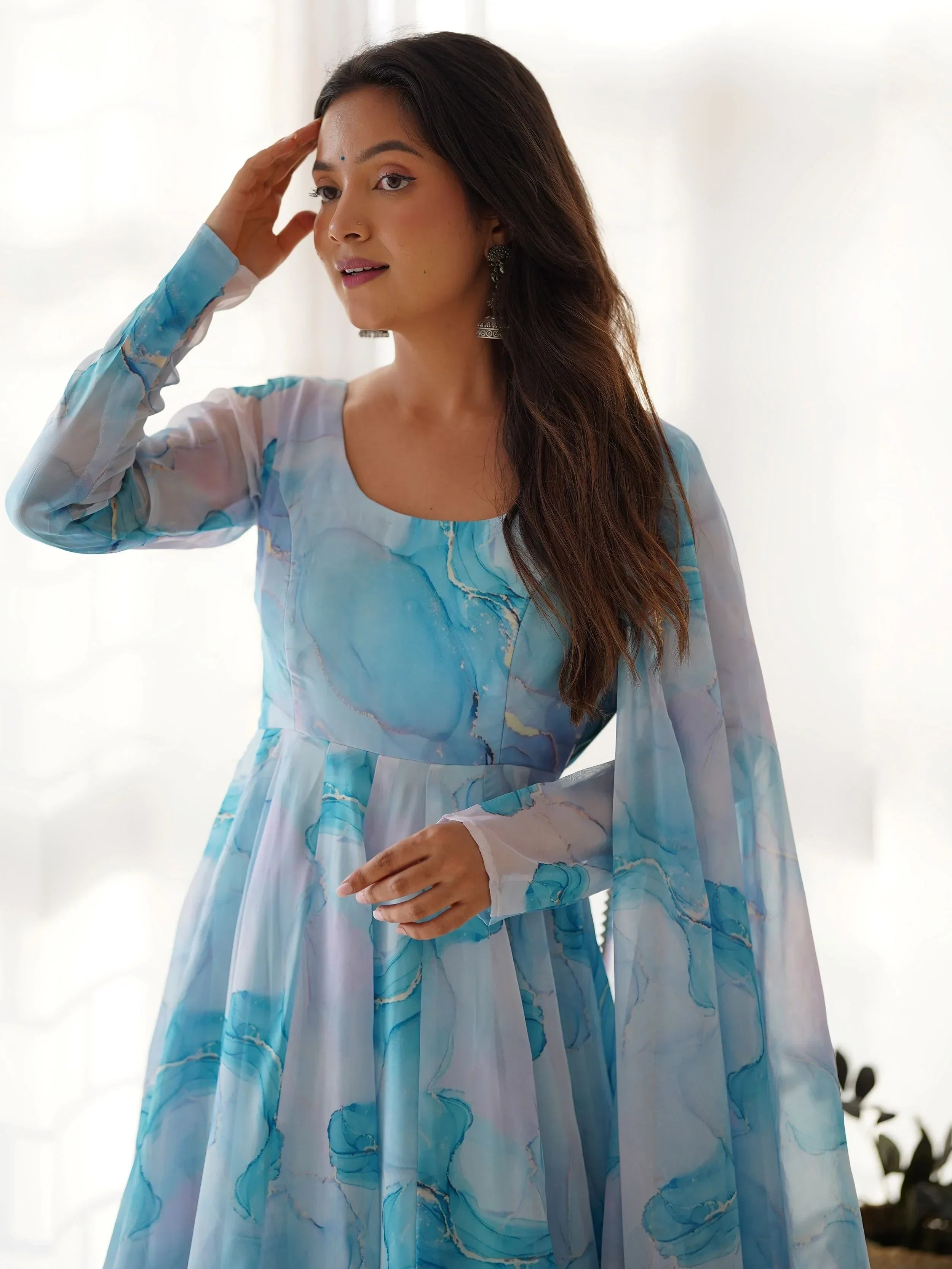 Sky Blue Beautiful Organza Digital Printed Anarkali Suit