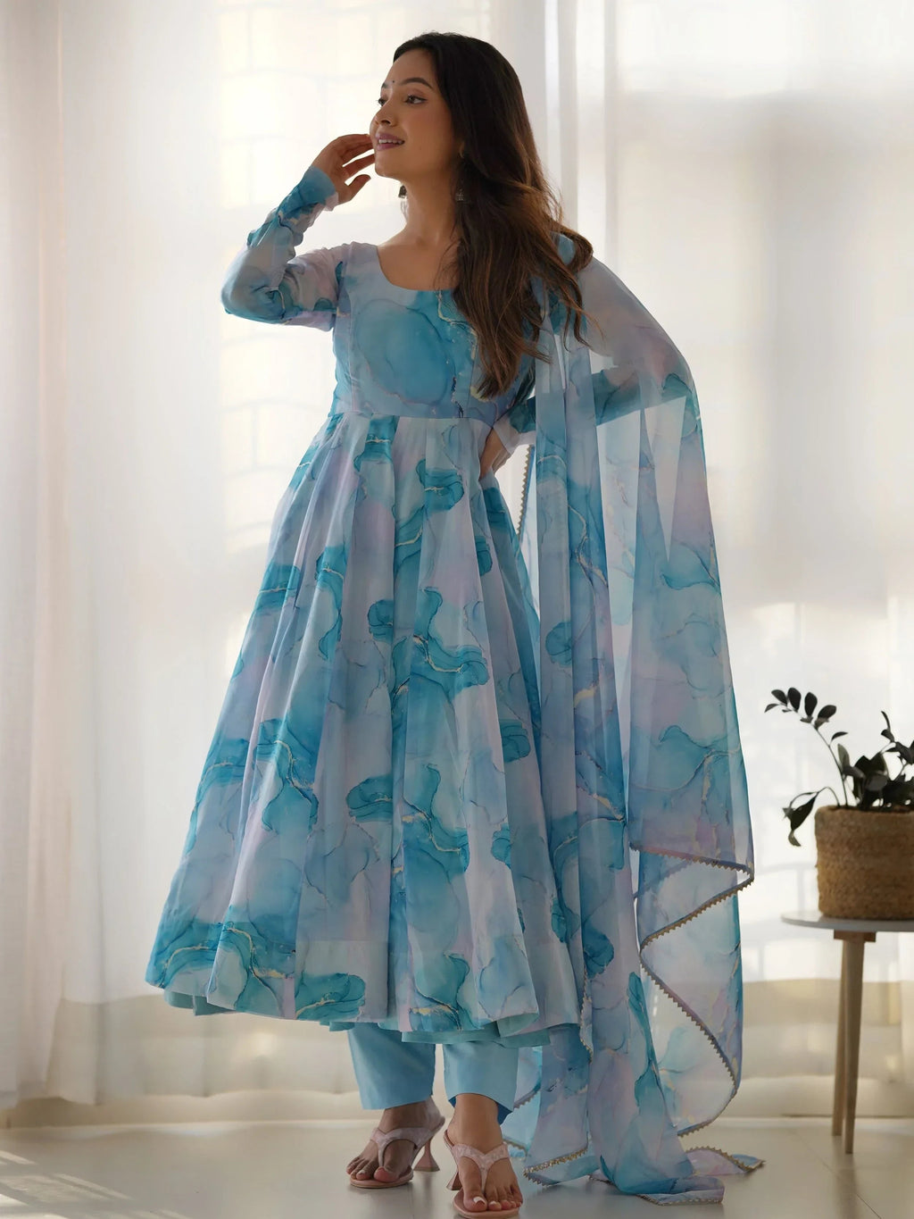 Sky Blue Beautiful Organza Digital Printed Anarkali Suit