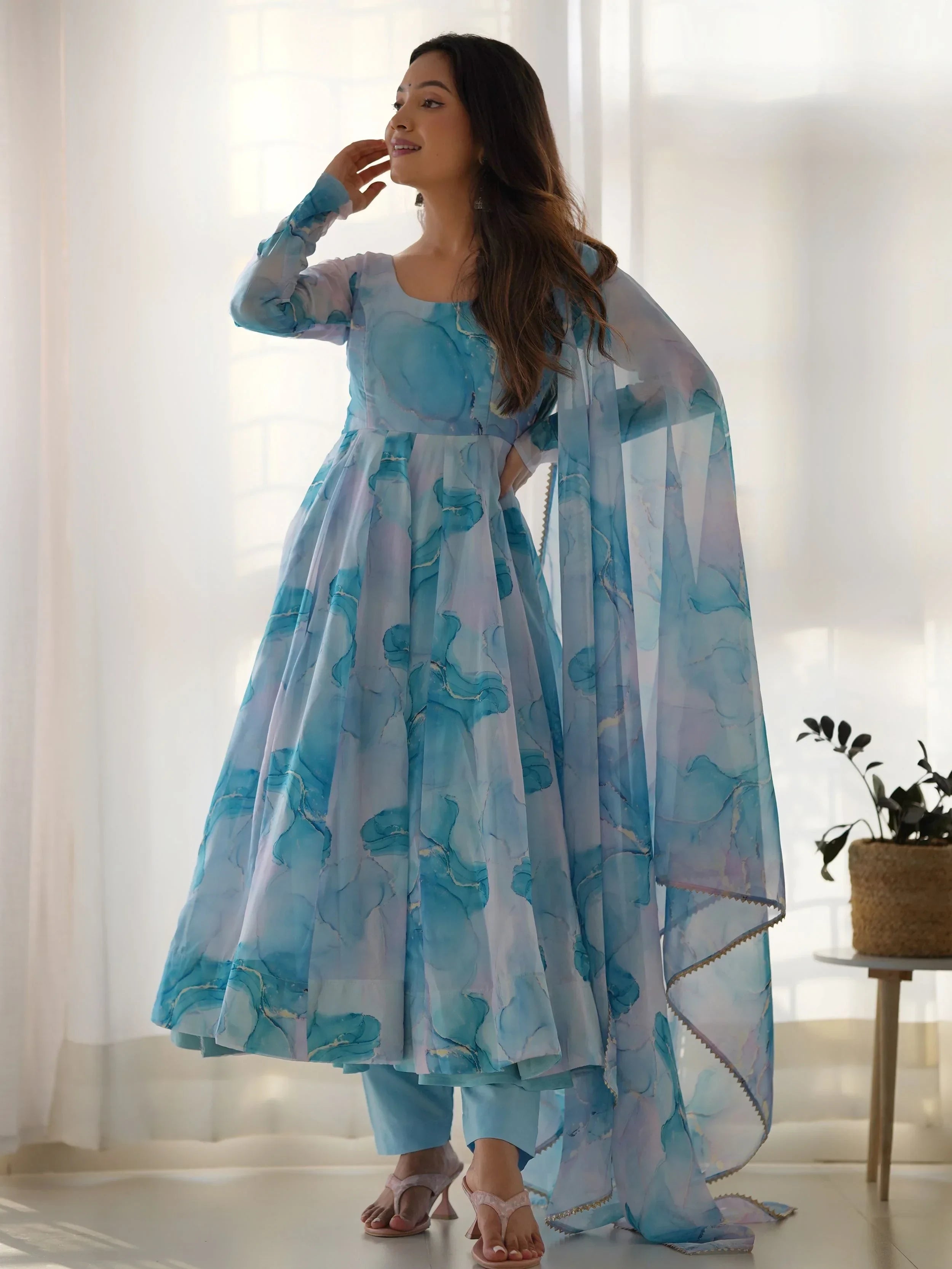 Sky Blue Beautiful Organza Digital Printed Anarkali Suit