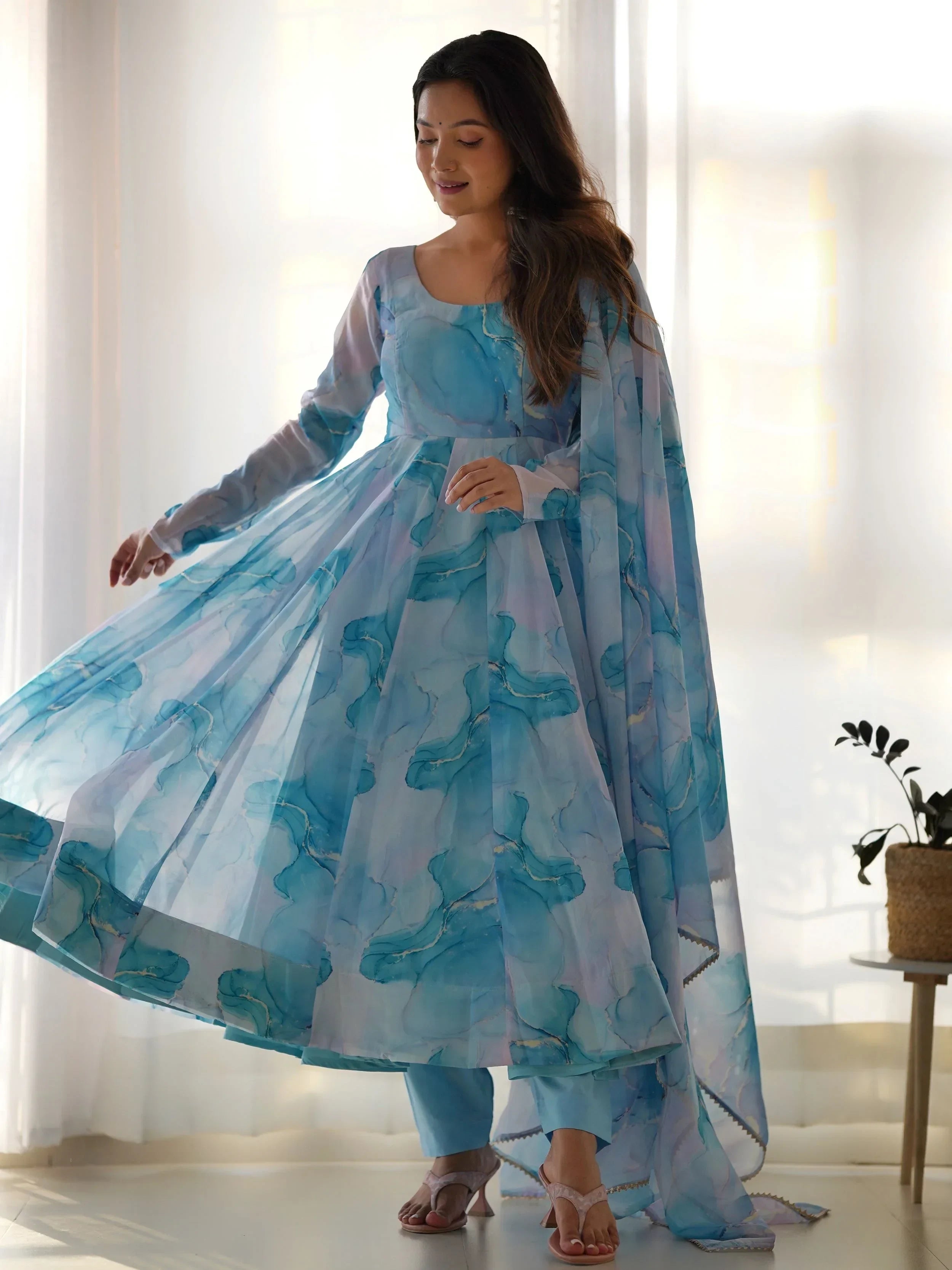 Sky Blue Beautiful Organza Digital Printed Anarkali Suit