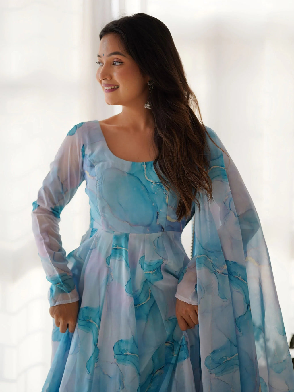 Sky Blue Beautiful Organza Digital Printed Anarkali Suit