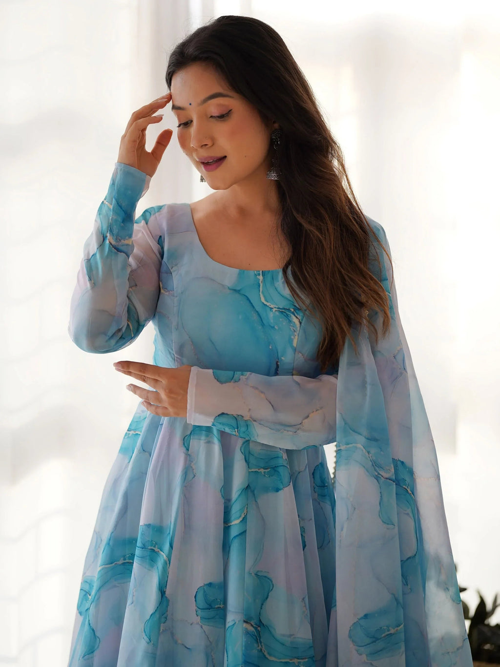 Sky Blue Beautiful Organza Digital Printed Anarkali Suit