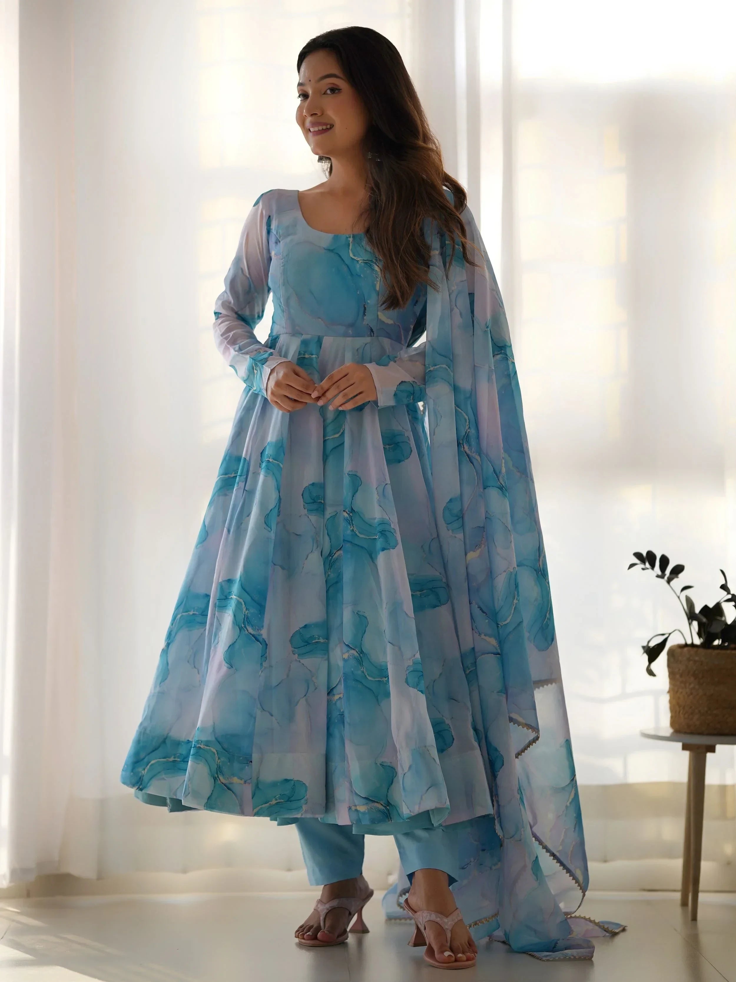 Sky Blue Beautiful Organza Digital Printed Anarkali Suit
