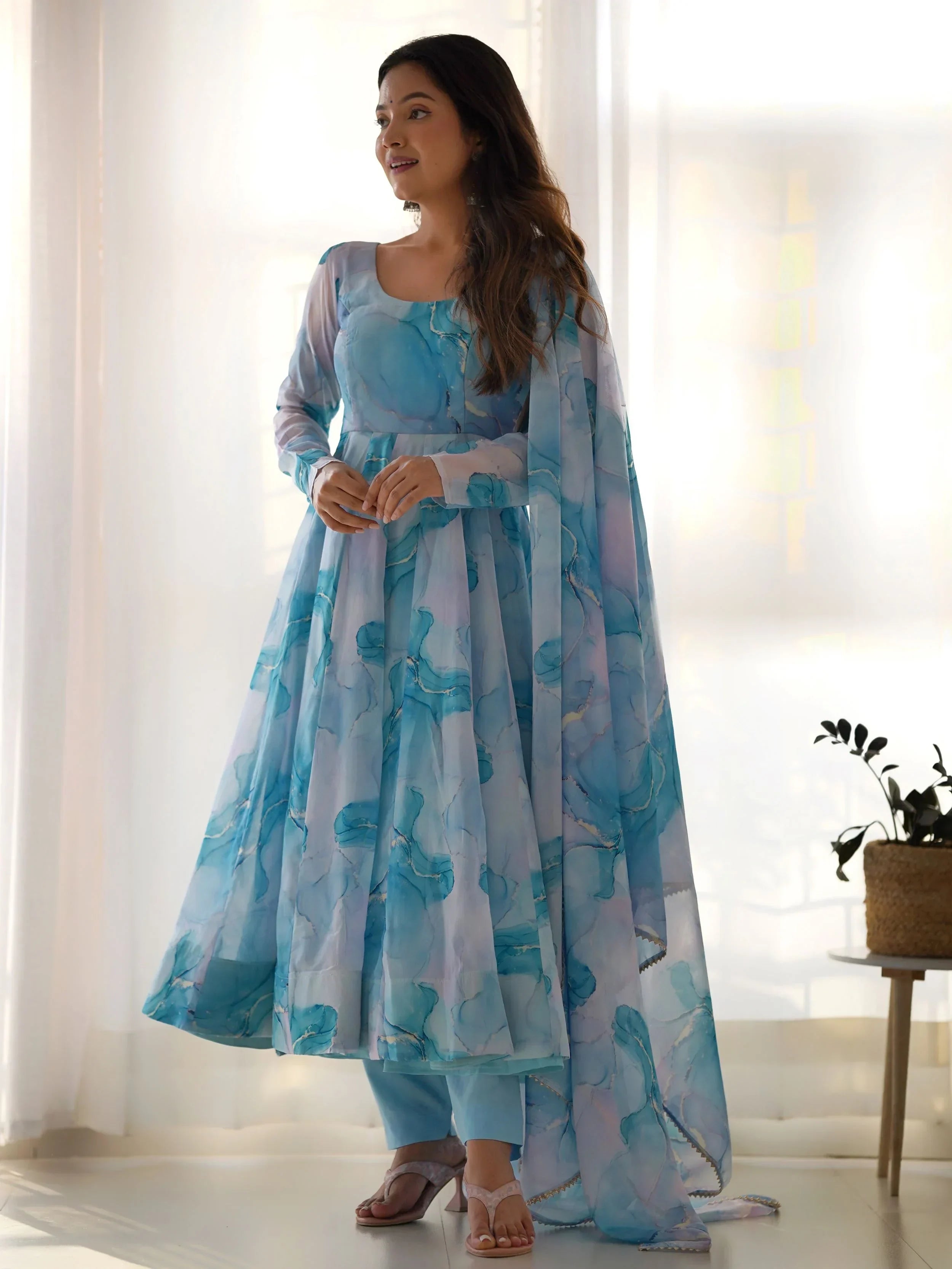 Sky Blue Beautiful Organza Digital Printed Anarkali Suit