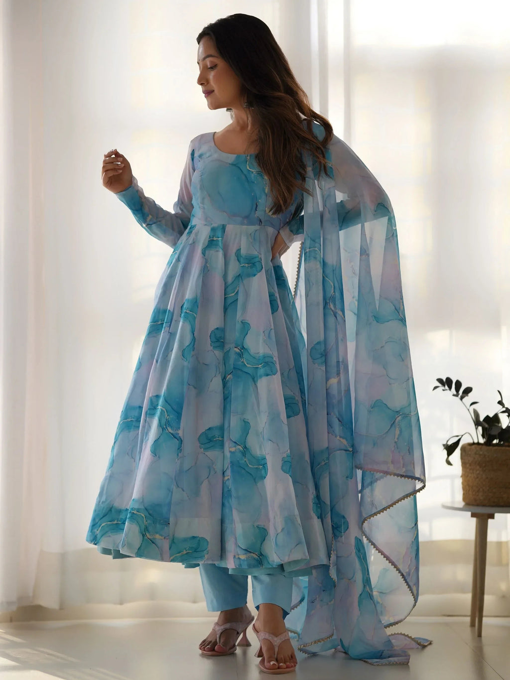 Sky Blue Beautiful Organza Digital Printed Anarkali Suit