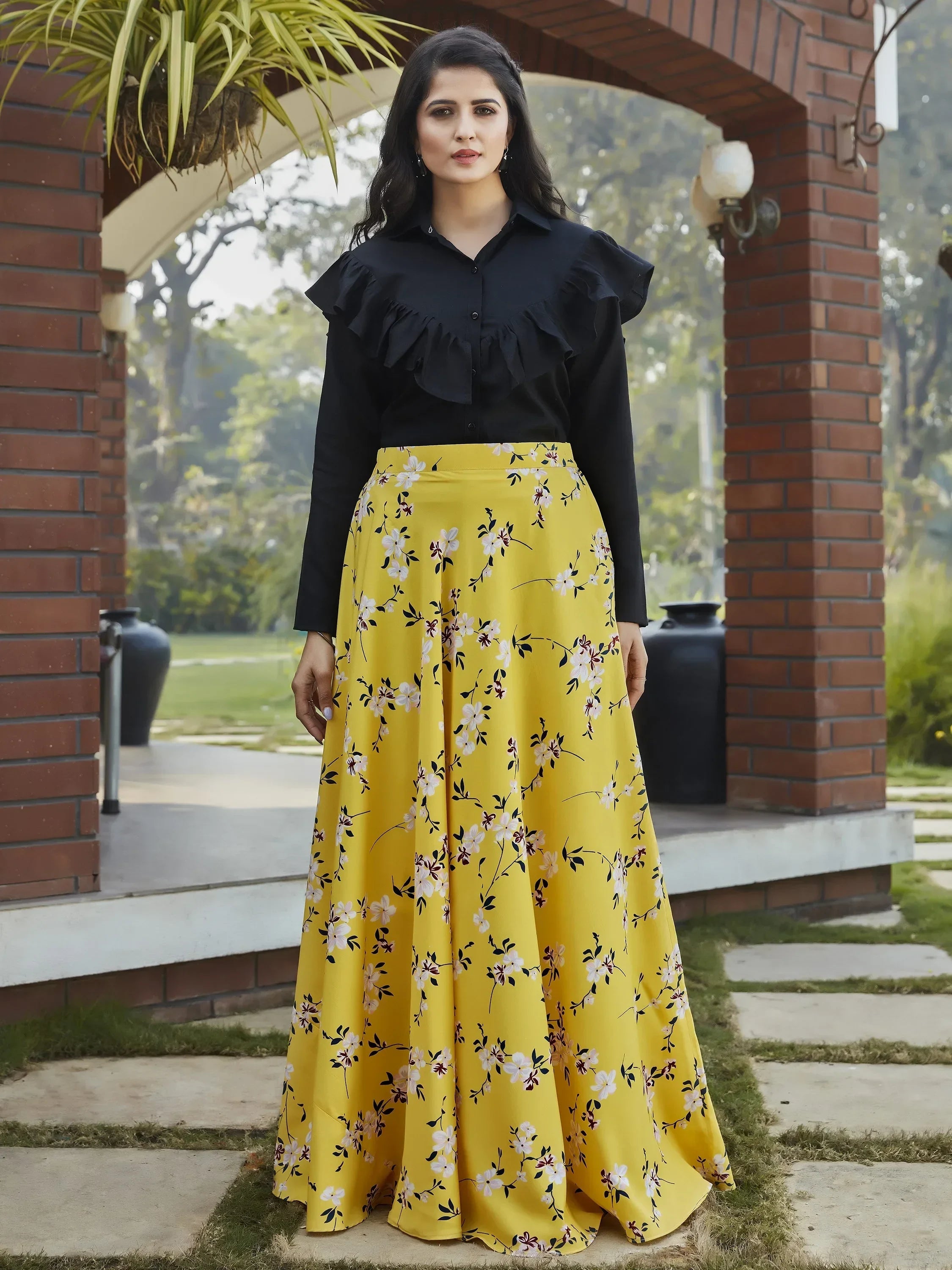 Lovable Yellow Floral Printed Crepe Party Wear Crop Top Lehenga