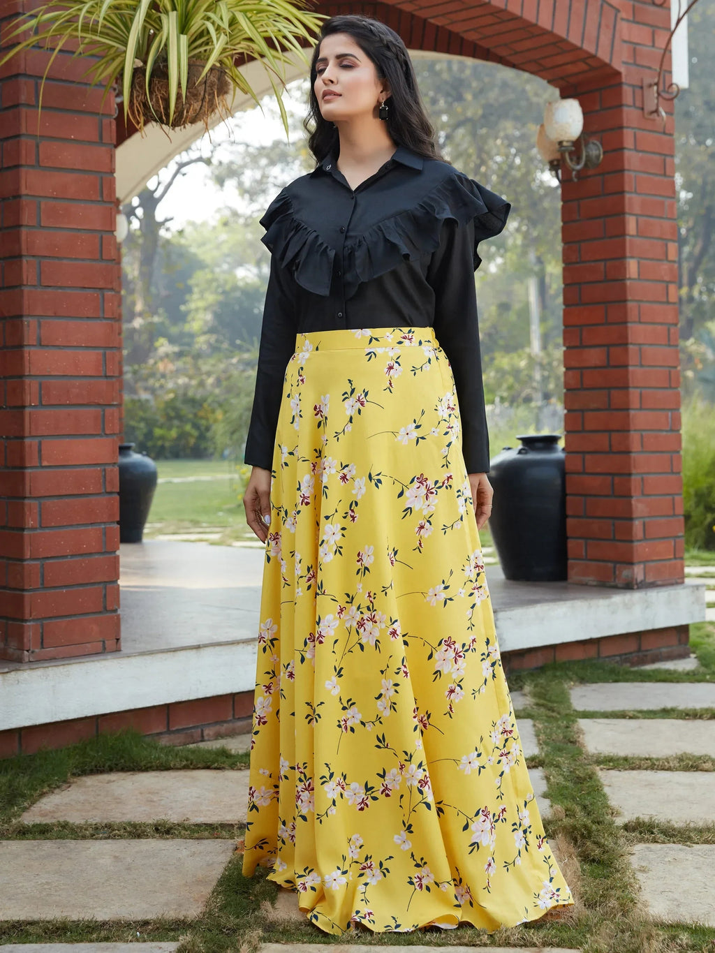 Lovable Yellow Floral Printed Crepe Party Wear Crop Top Lehenga