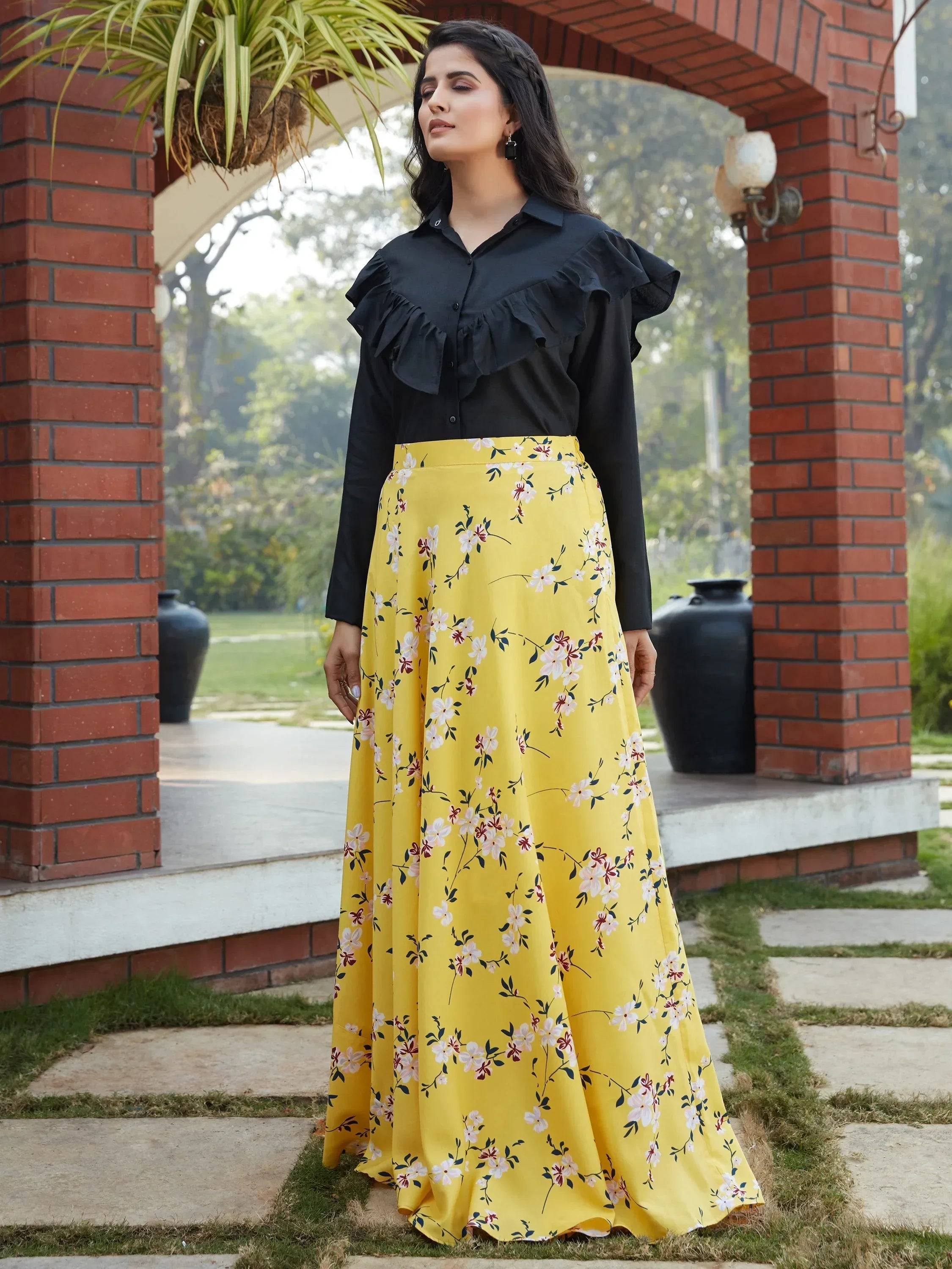 Lovable Yellow Floral Printed Crepe Party Wear Crop Top Lehenga