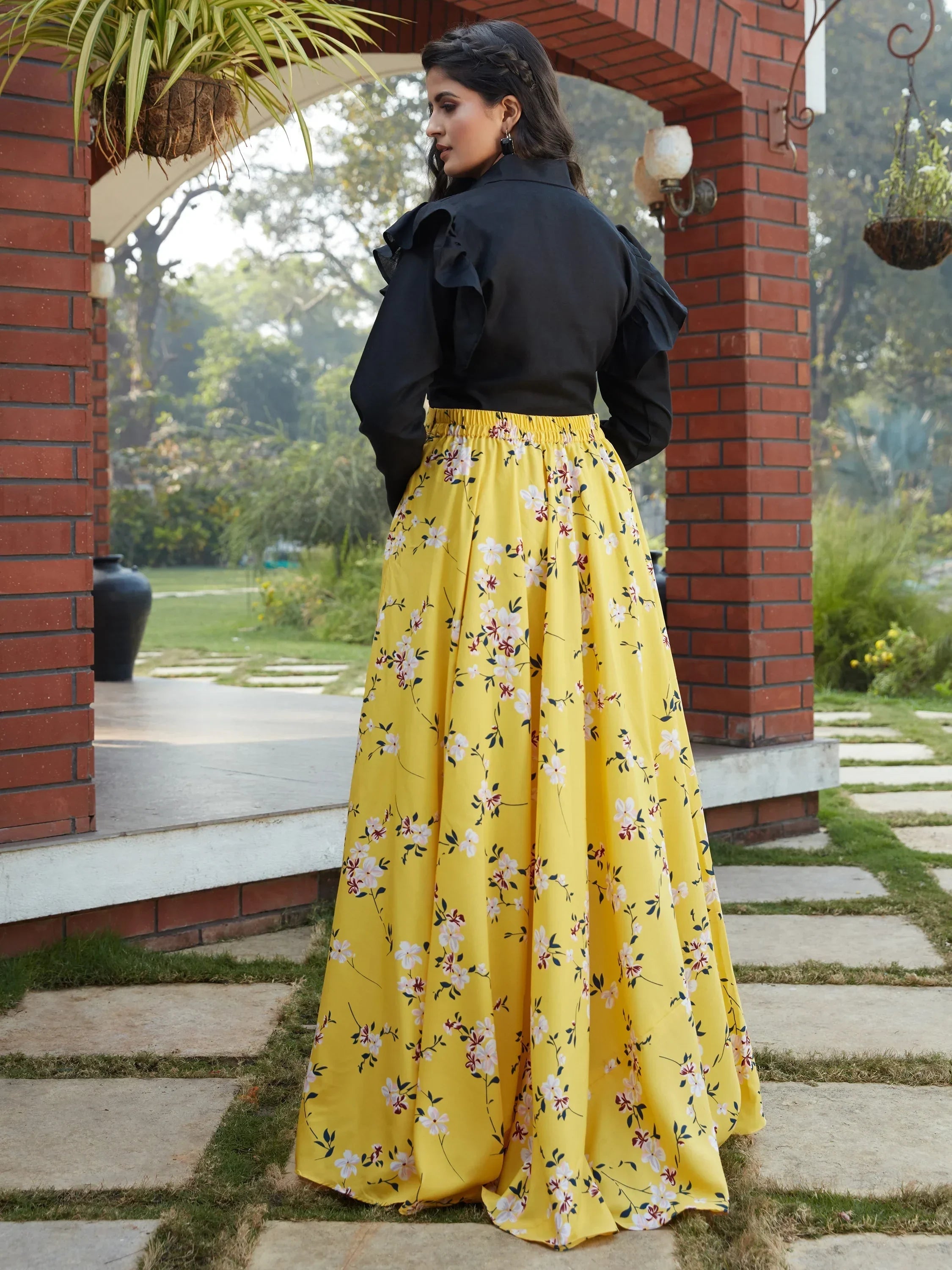 Lovable Yellow Floral Printed Crepe Party Wear Crop Top Lehenga