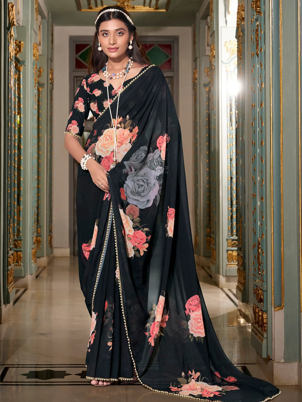 Black Artistic Georgette Floral Printed Saree With Blouse