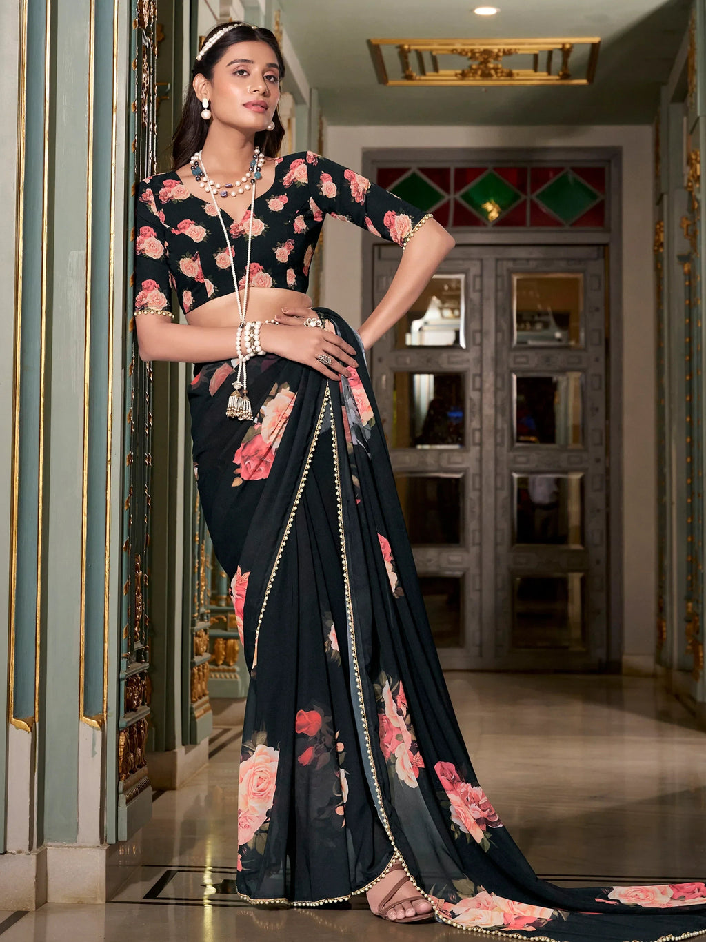Black Artistic Georgette Floral Printed Saree With Blouse