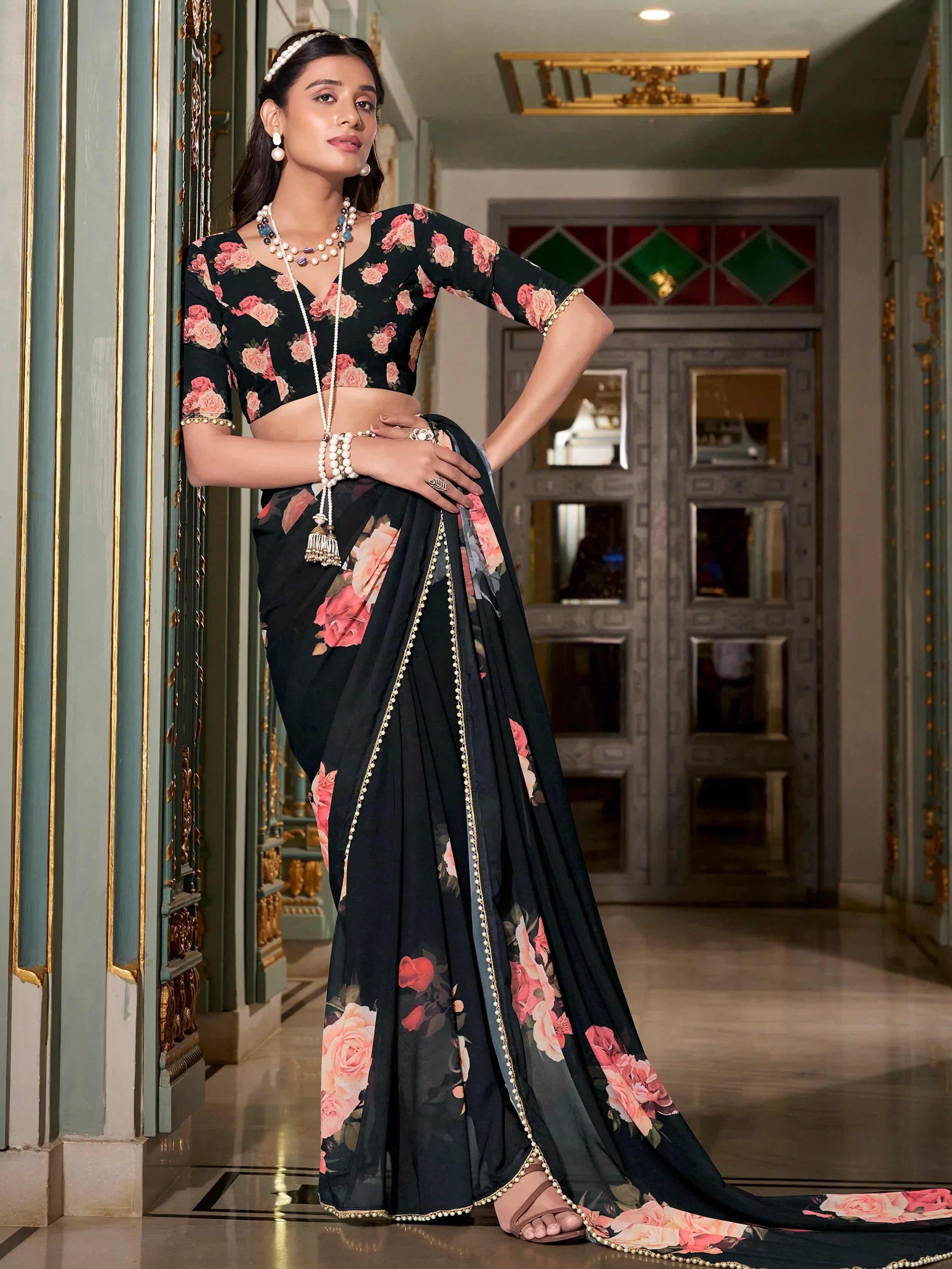 Black Artistic Georgette Floral Printed Saree With Blouse