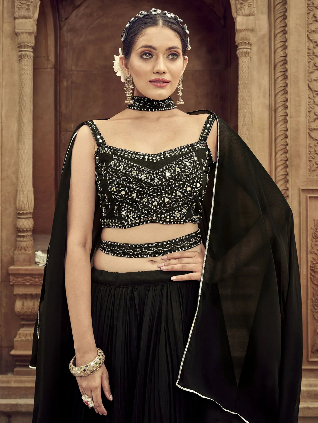 Lovely Black Hand Embroidered Georgette Reception Wear Lehenga Choli