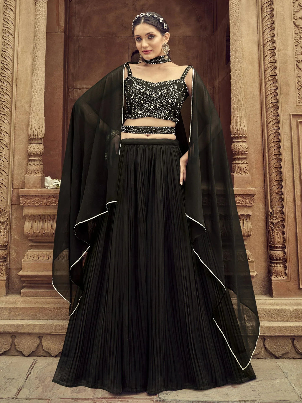 Lovely Black Hand Embroidered Georgette Reception Wear Lehenga Choli
