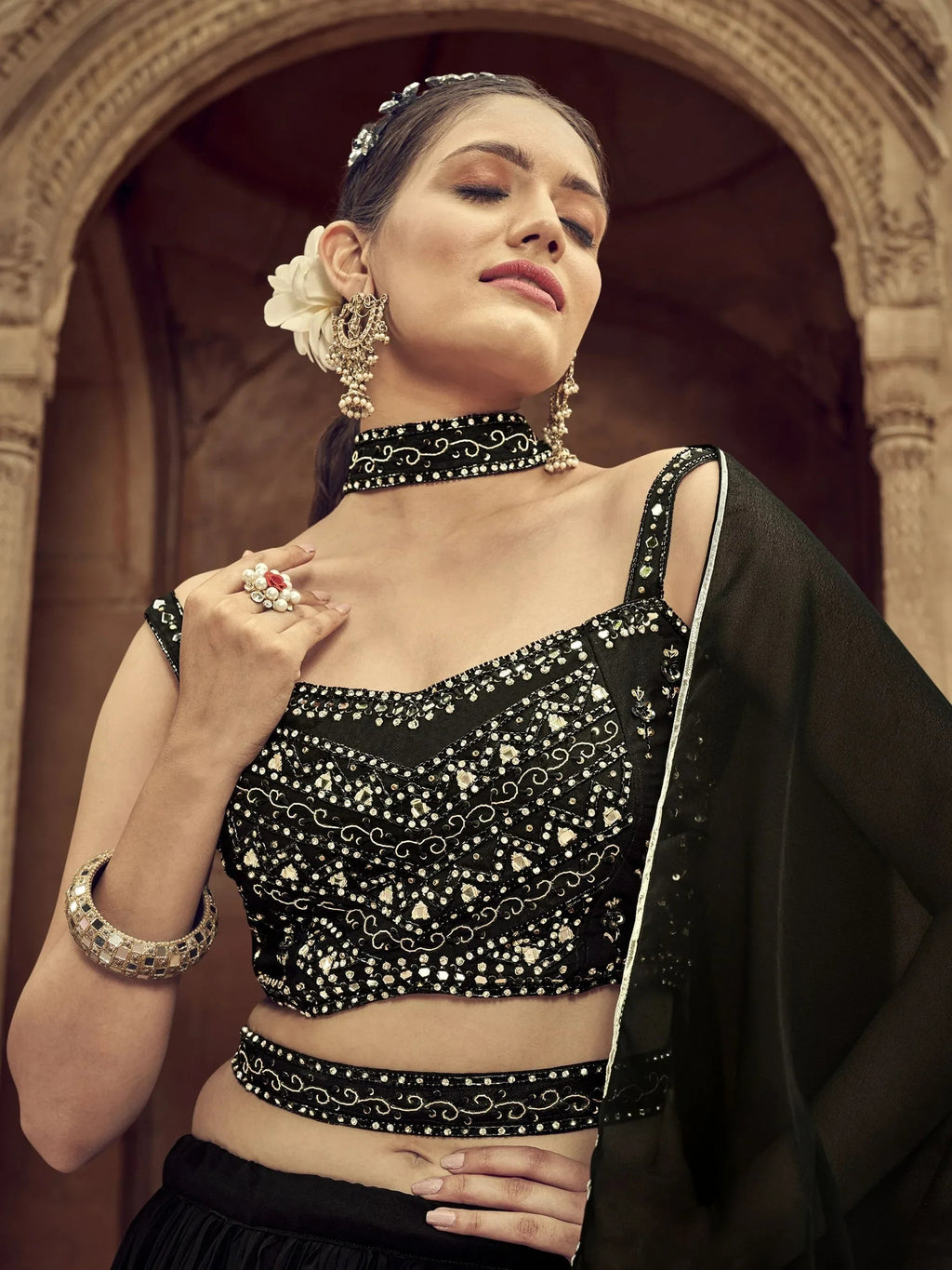 Lovely Black Hand Embroidered Georgette Reception Wear Lehenga Choli