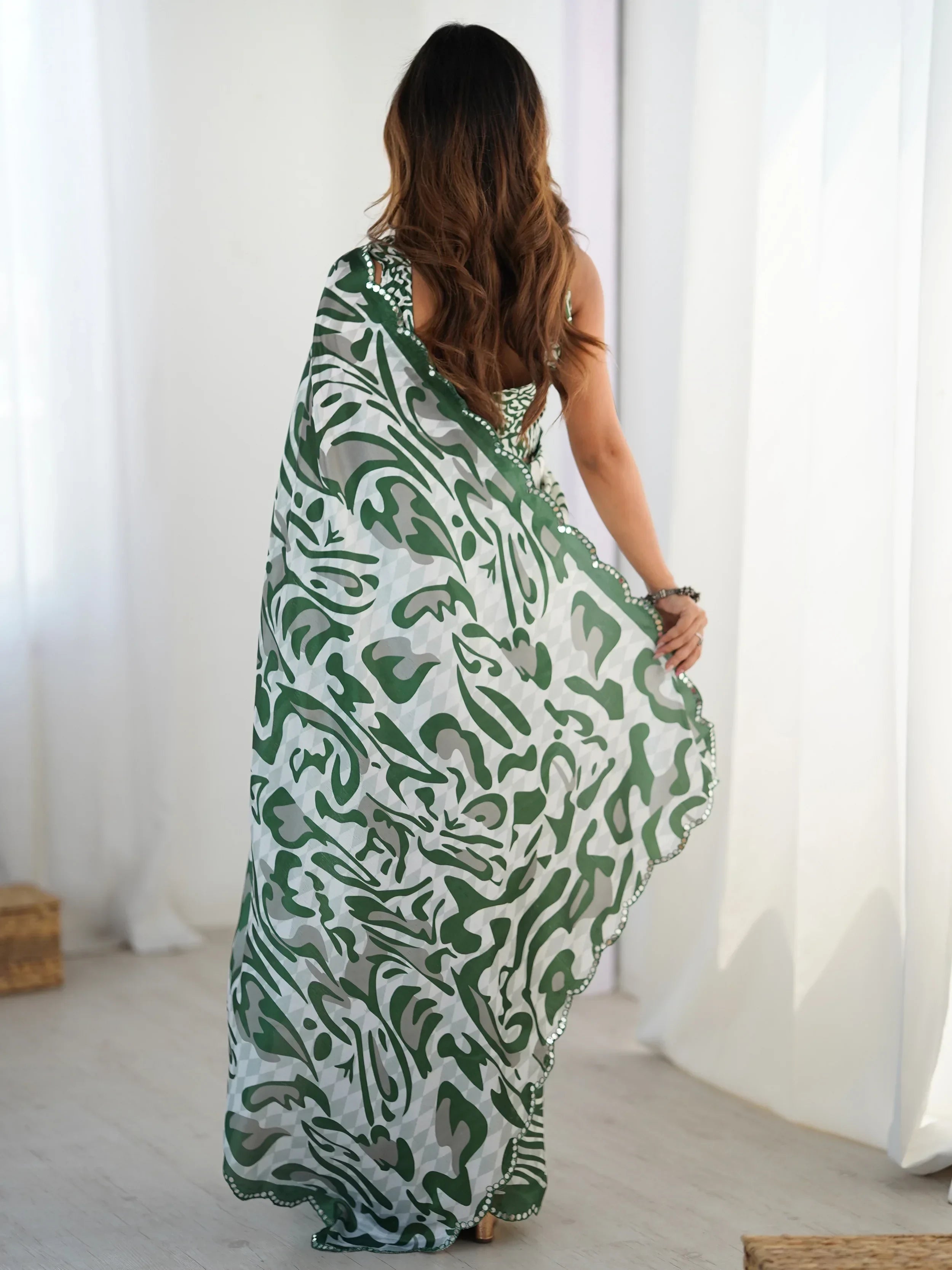 Green Beautiful Chinon Digital Printed Saree With Blouse