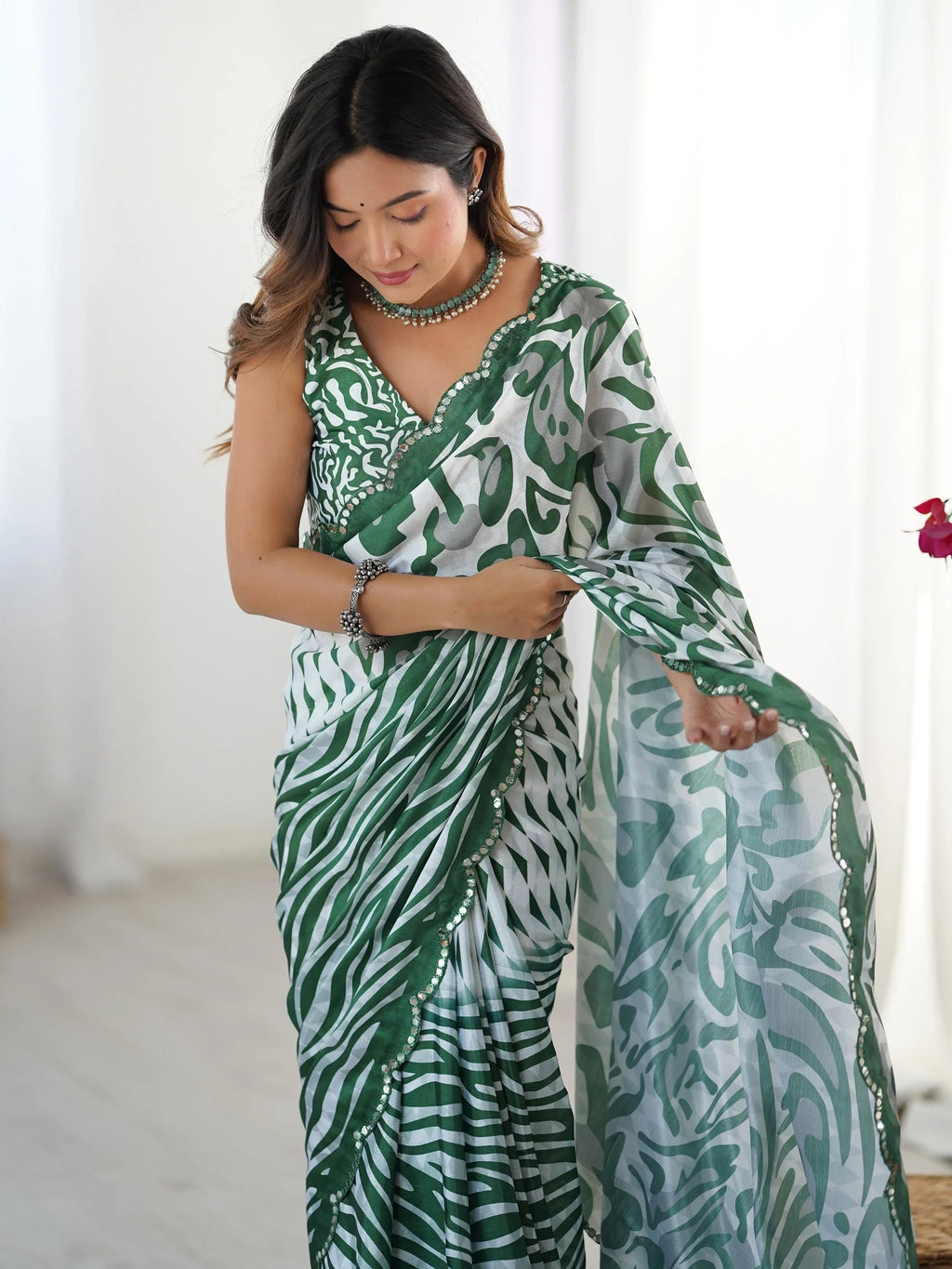 Green Beautiful Chinon Digital Printed Saree With Blouse
