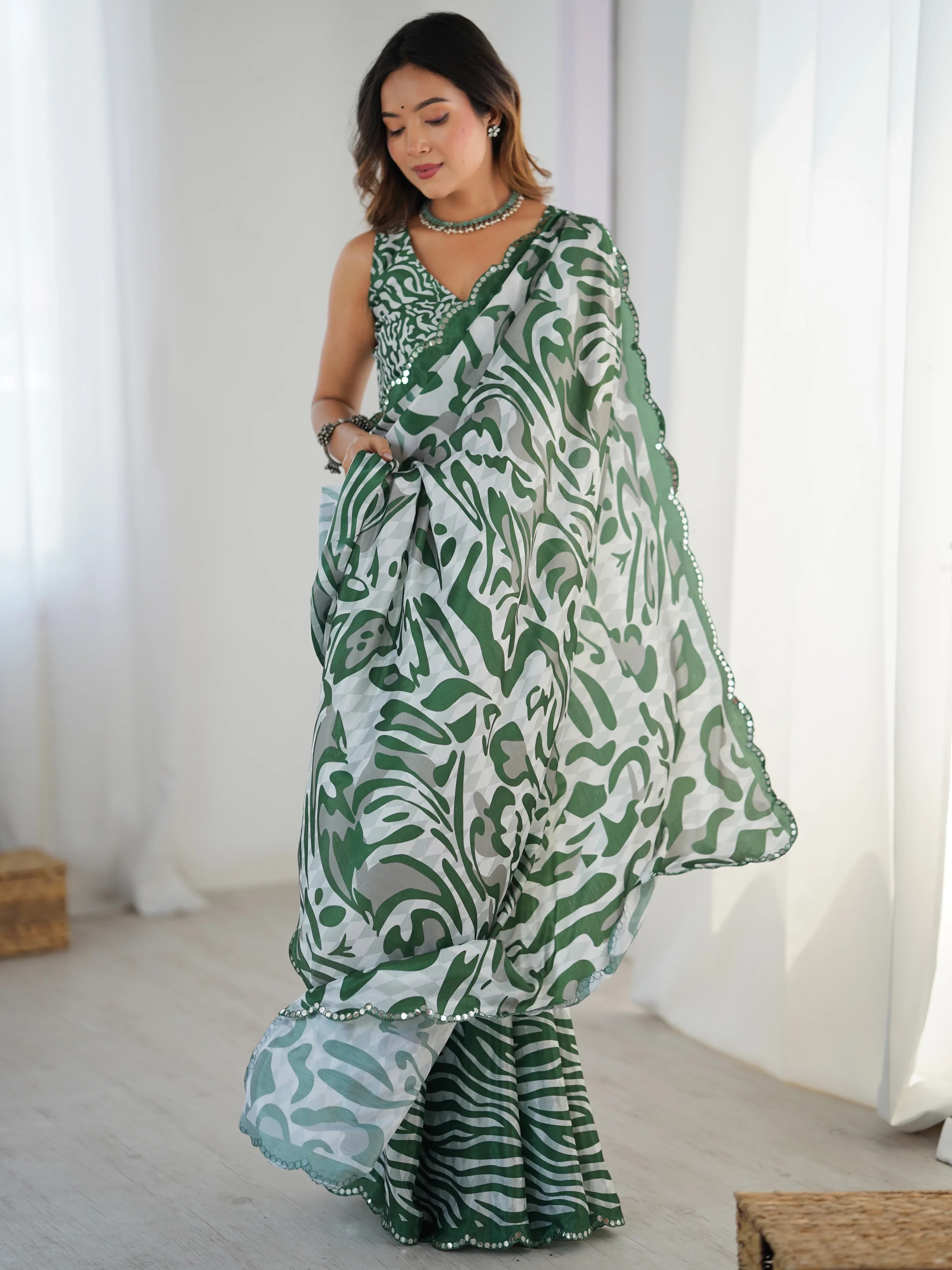 Green Beautiful Chinon Digital Printed Saree With Blouse