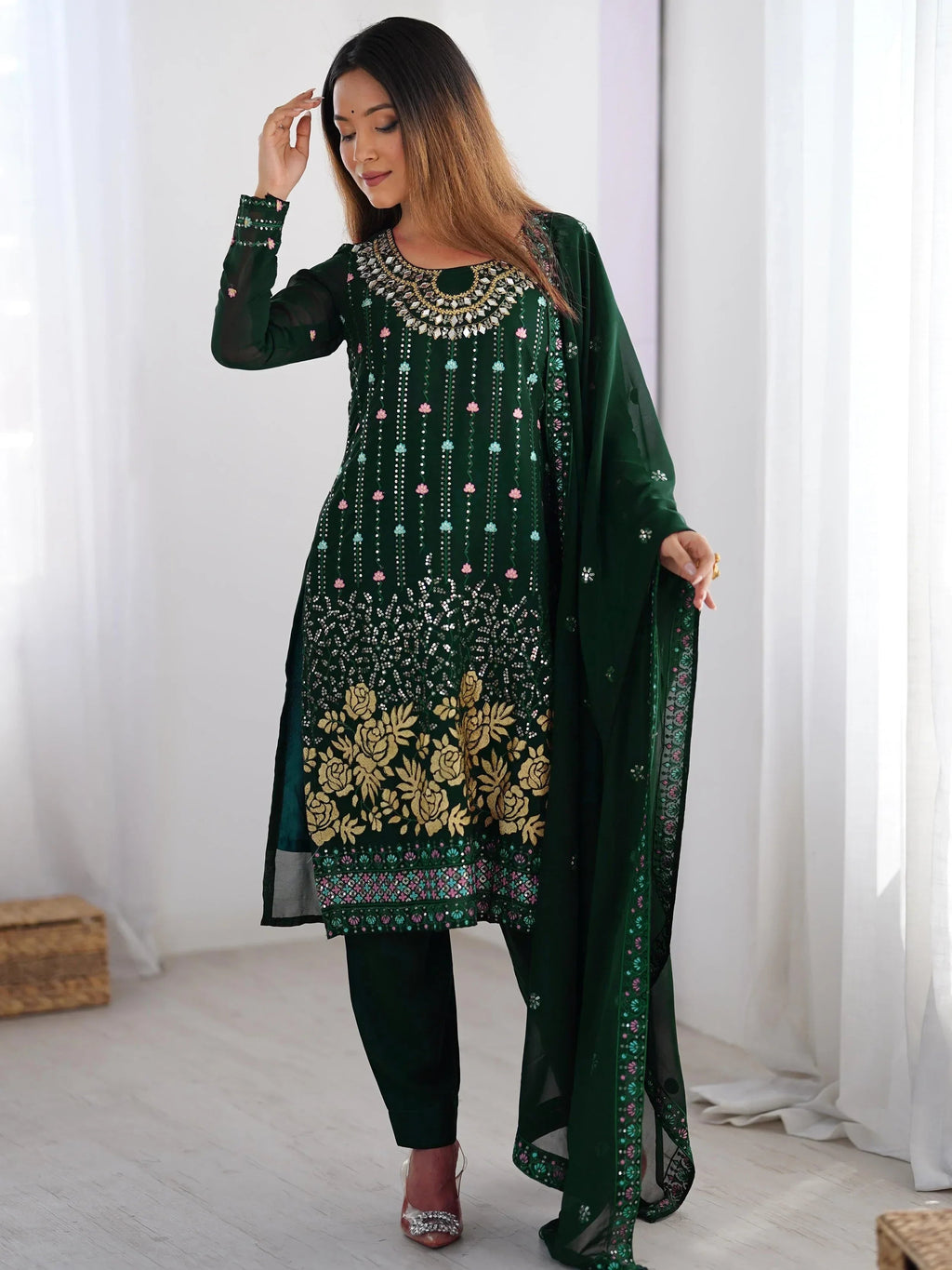 Green Dramatic Georgette Sequins Event Wear Straight Suit