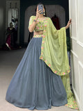 Lovely Grey Thread Embroidery Georgette Reception Wear Lehenga Choli