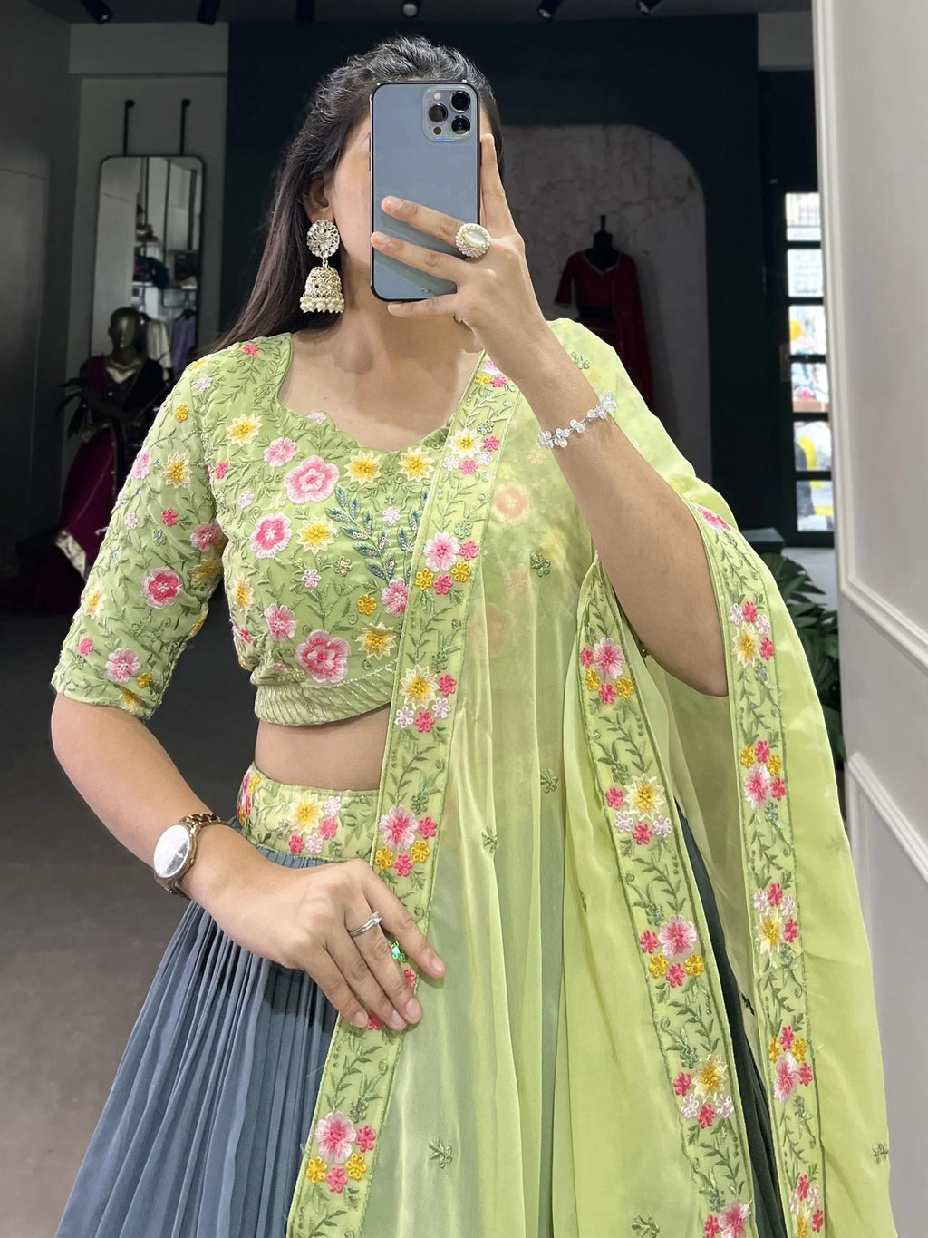 Lovely Grey Thread Embroidery Georgette Reception Wear Lehenga Choli