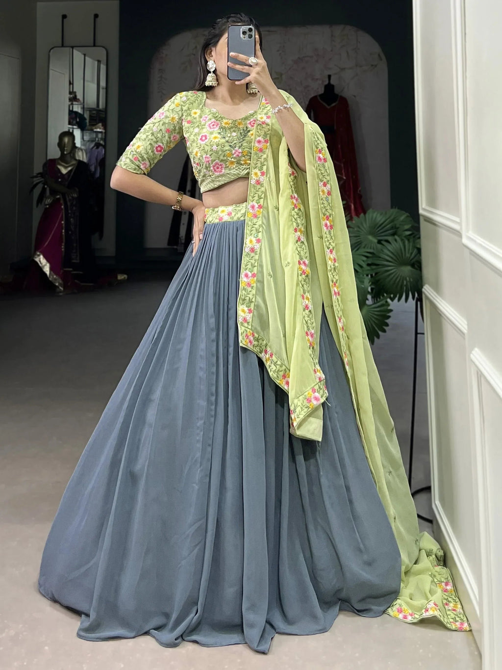 Lovely Grey Thread Embroidery Georgette Reception Wear Lehenga Choli