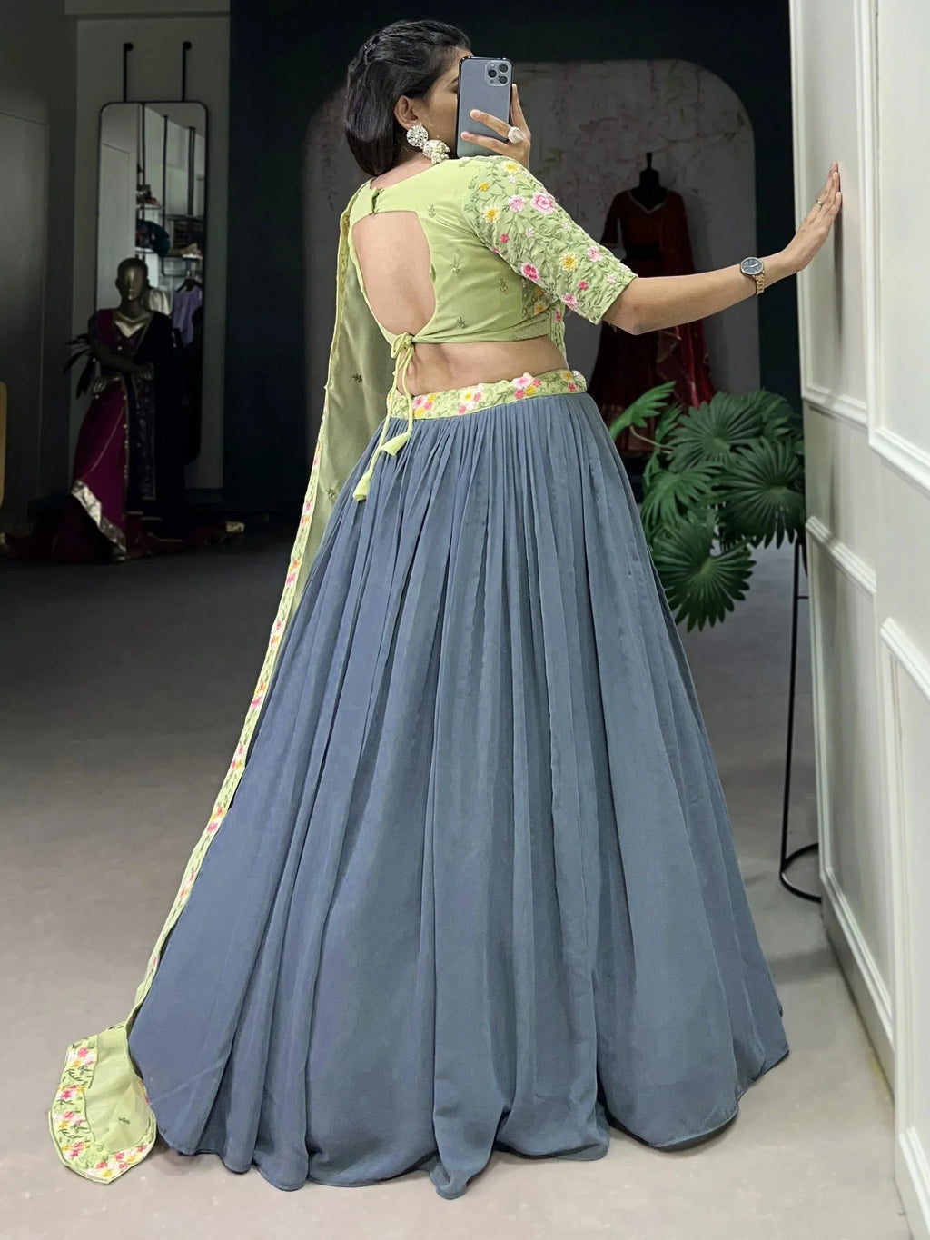 Lovely Grey Thread Embroidery Georgette Reception Wear Lehenga Choli