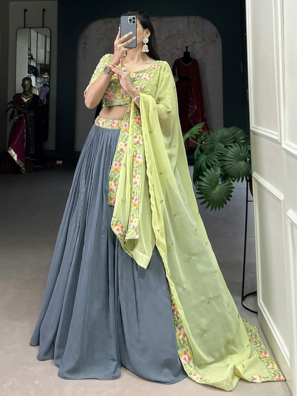 Lovely Grey Thread Embroidery Georgette Reception Wear Lehenga Choli