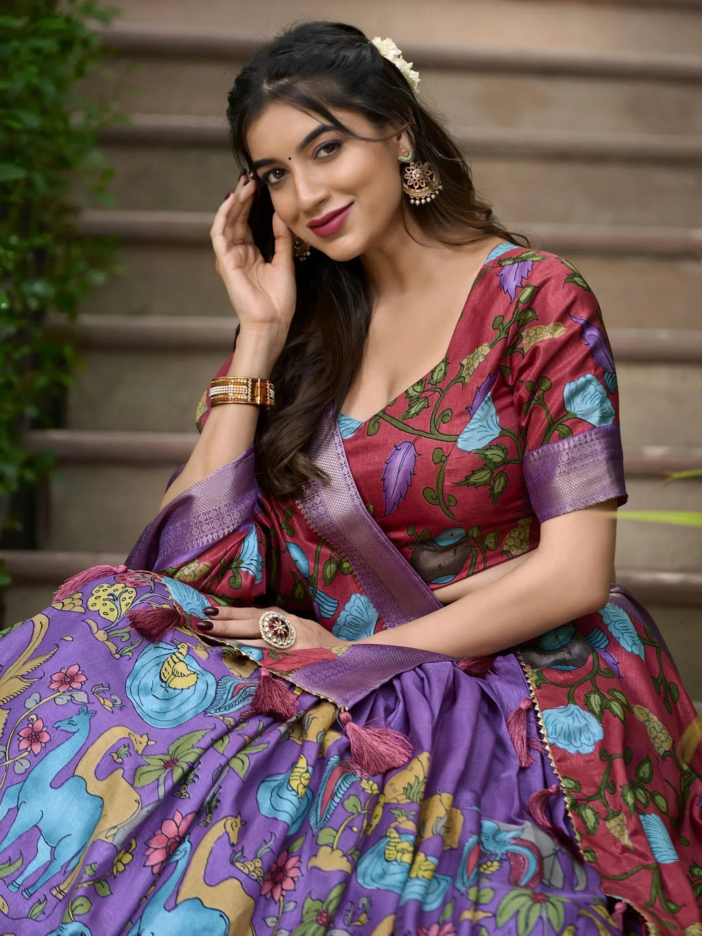 Lovely Lavender Kalamkari Print Dola Silk Function Wear Lehenga Choli