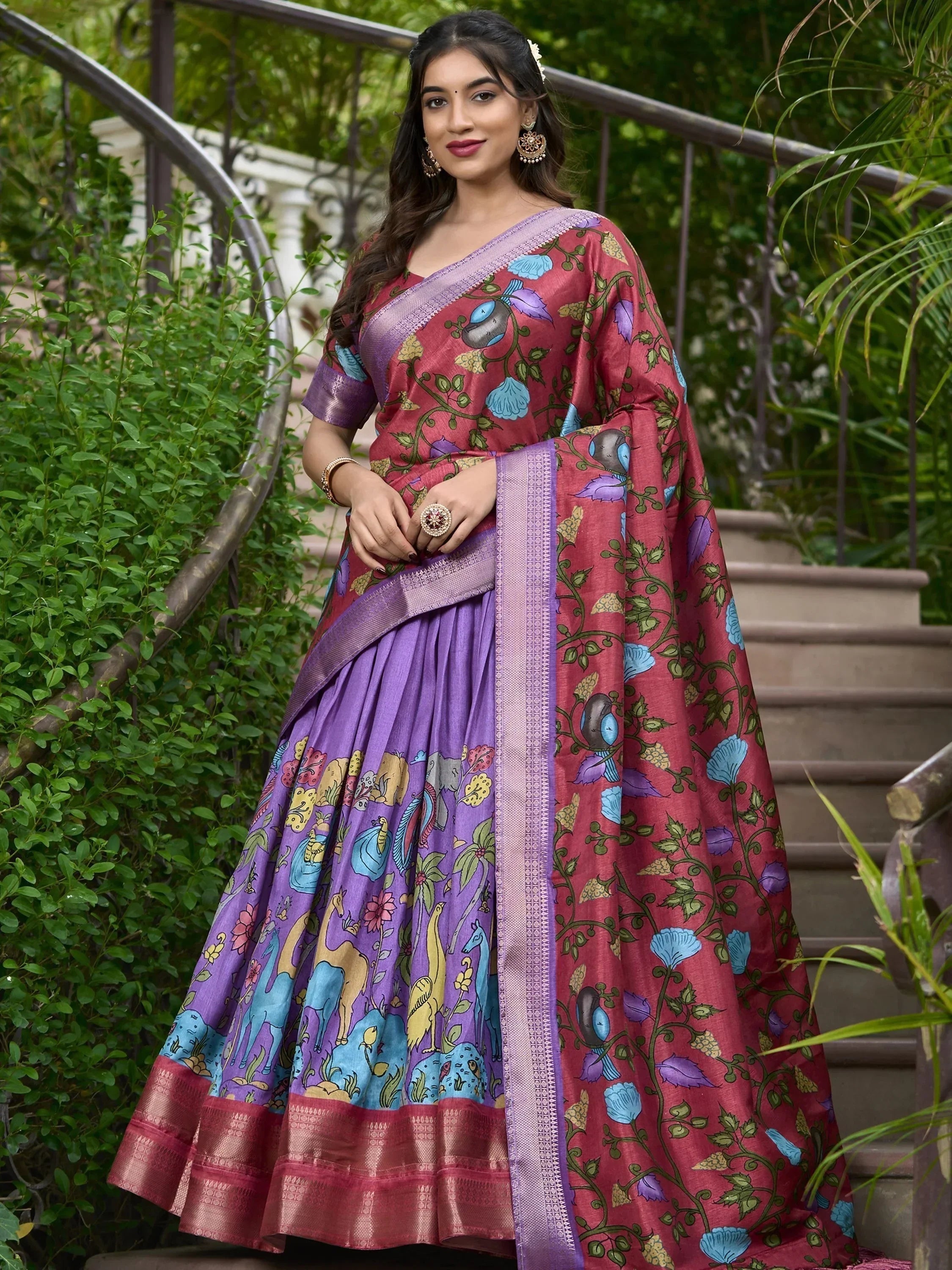 Lovely Lavender Kalamkari Print Dola Silk Function Wear Lehenga Choli