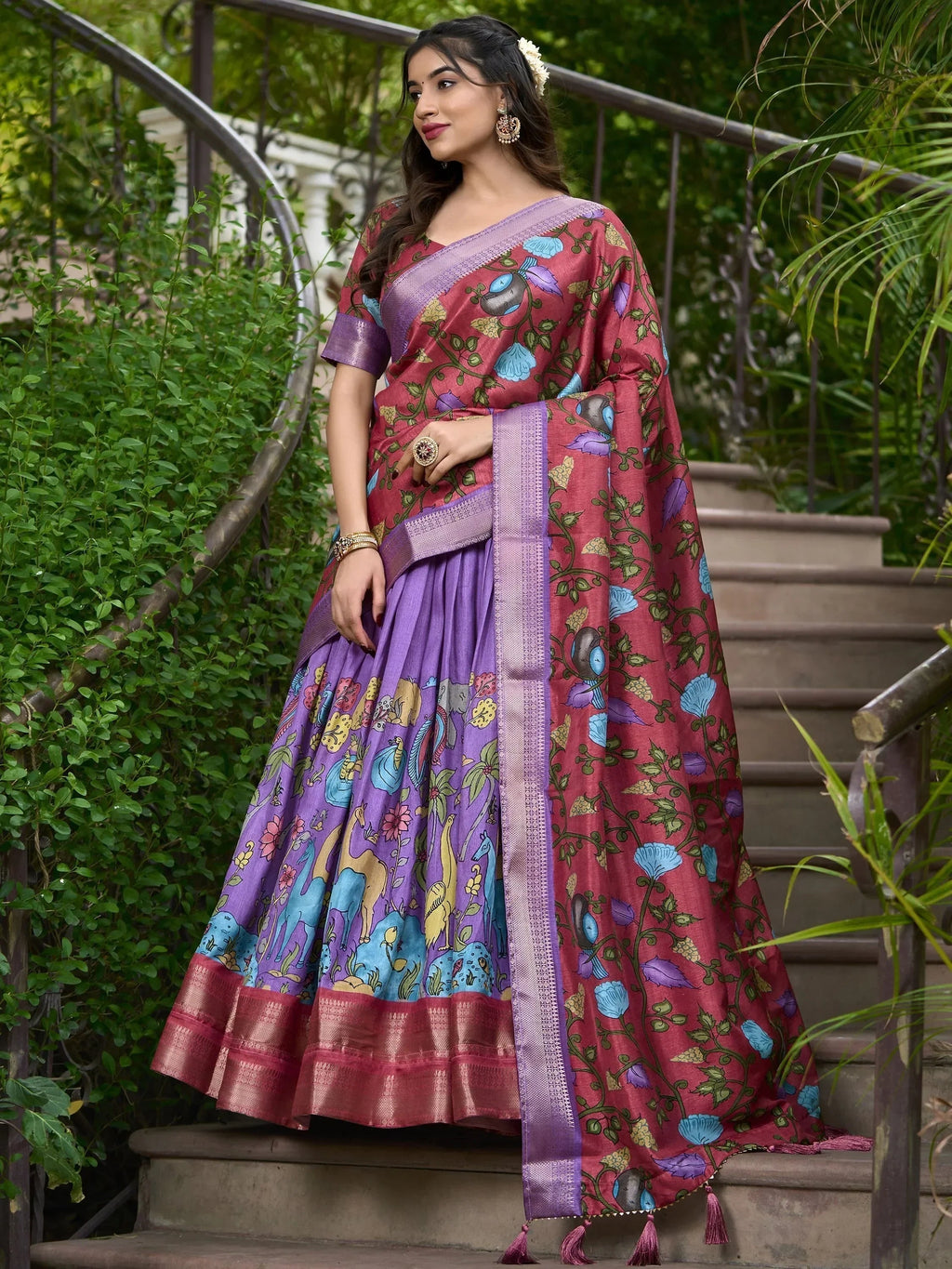 Lovely Lavender Kalamkari Print Dola Silk Function Wear Lehenga Choli