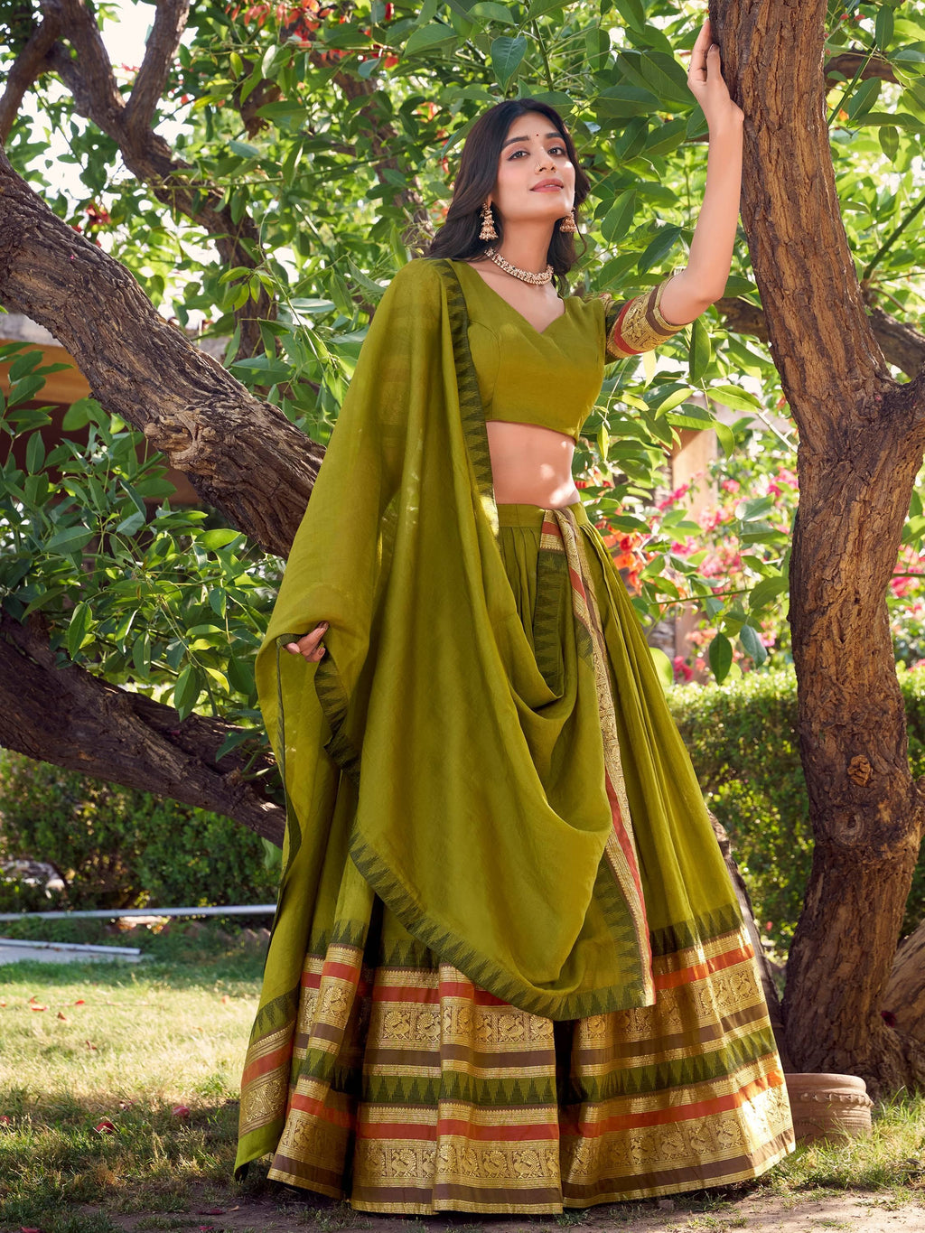 Green Pretty Chanderi Silk Zari Weaving Wedding Wear Lehenga Choli