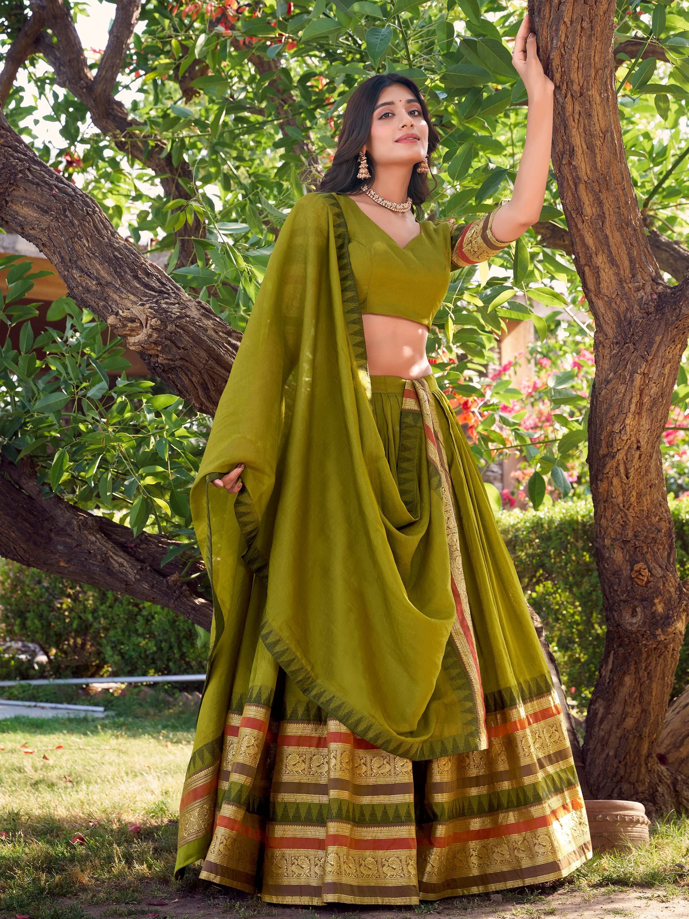Green Pretty Chanderi Silk Zari Weaving Wedding Wear Lehenga Choli