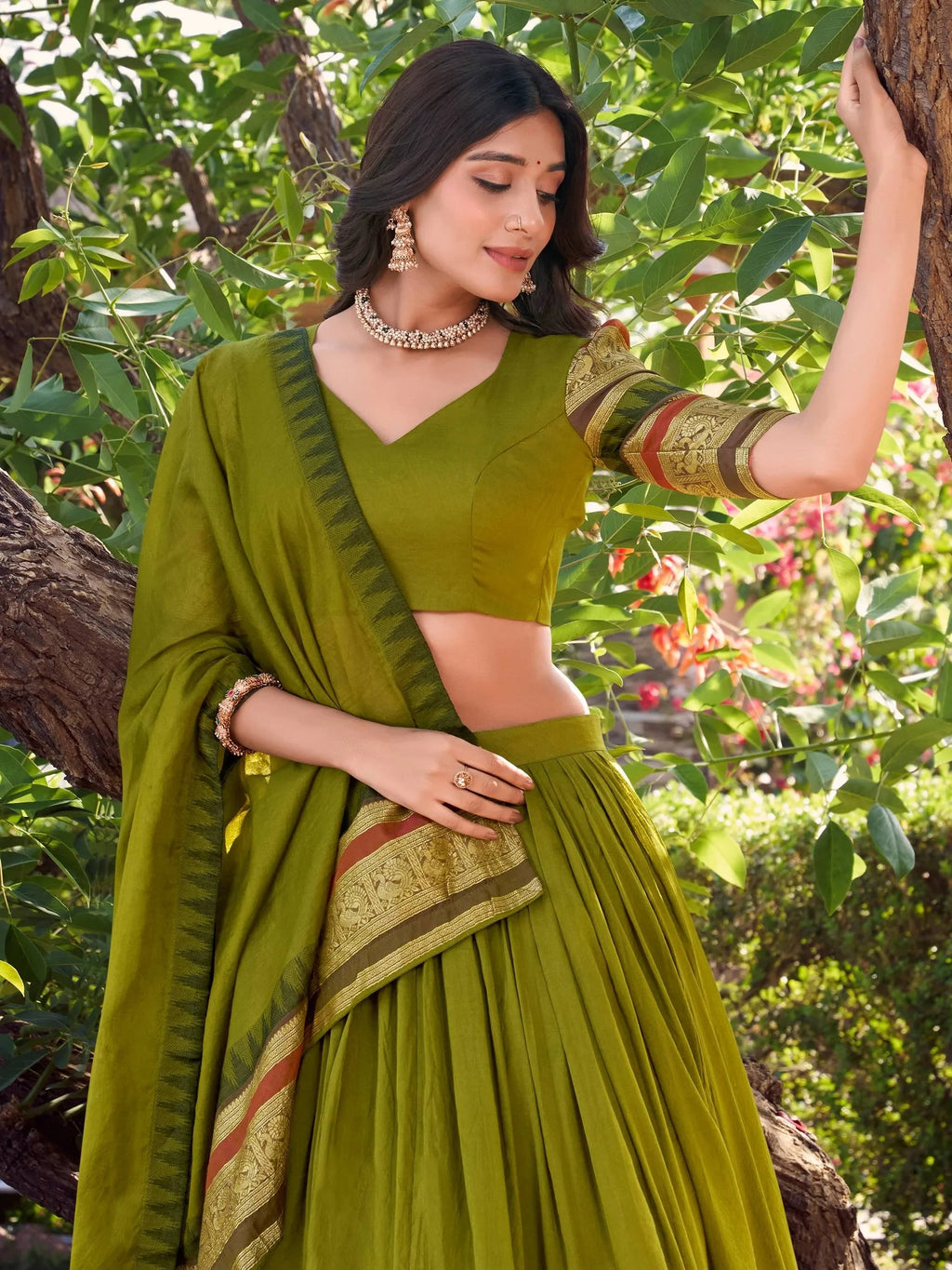 Green Pretty Chanderi Silk Zari Weaving Wedding Wear Lehenga Choli
