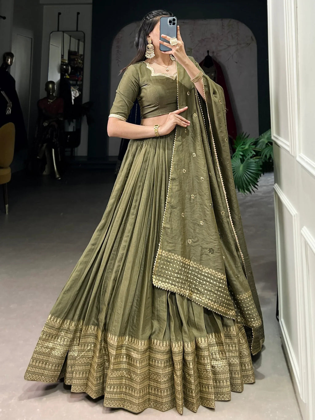 Lovely Mehendi Green Zari Weaving Chanderi Silk Mehendi Wear Lehenga Choli