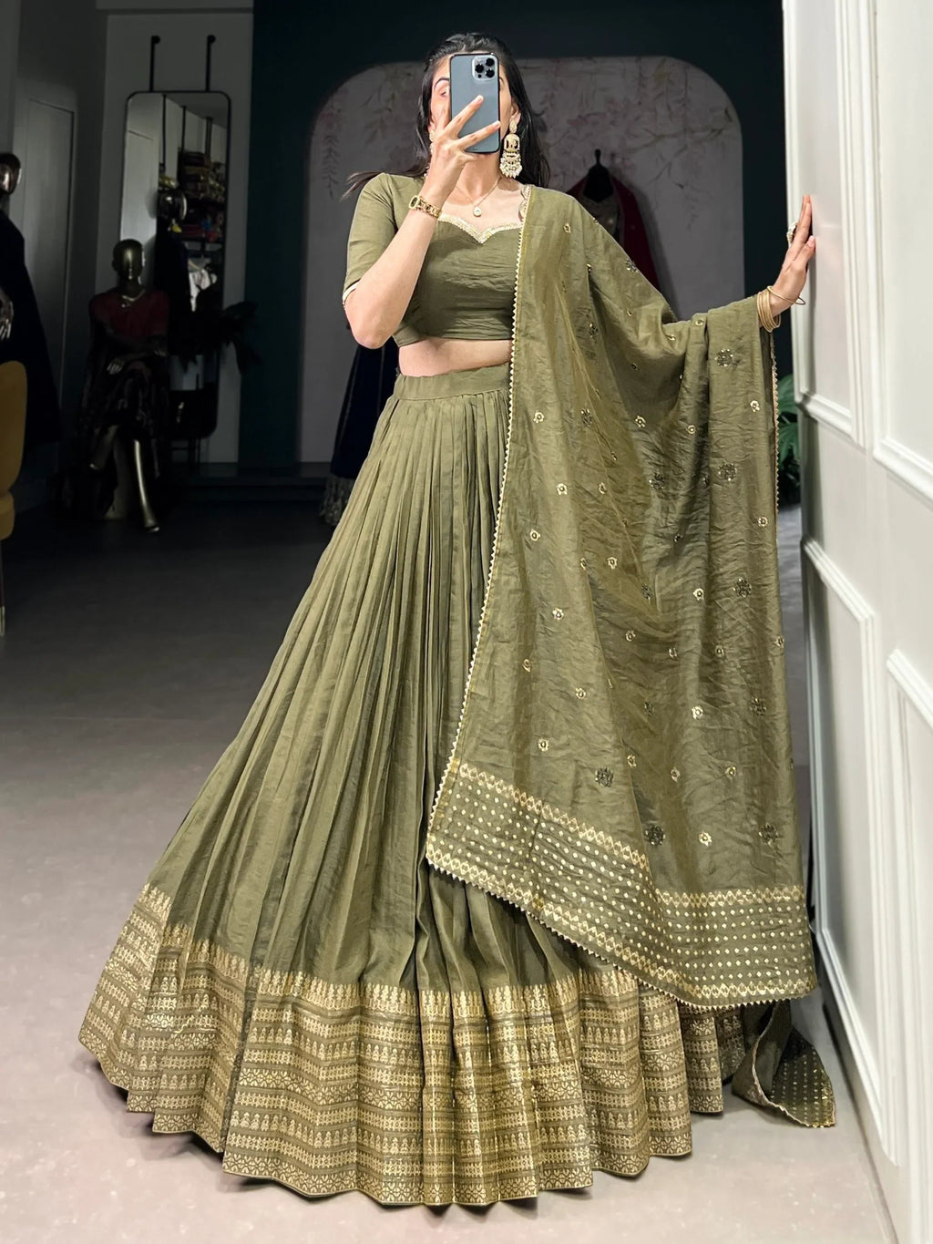 Lovely Mehendi Green Zari Weaving Chanderi Silk Mehendi Wear Lehenga Choli