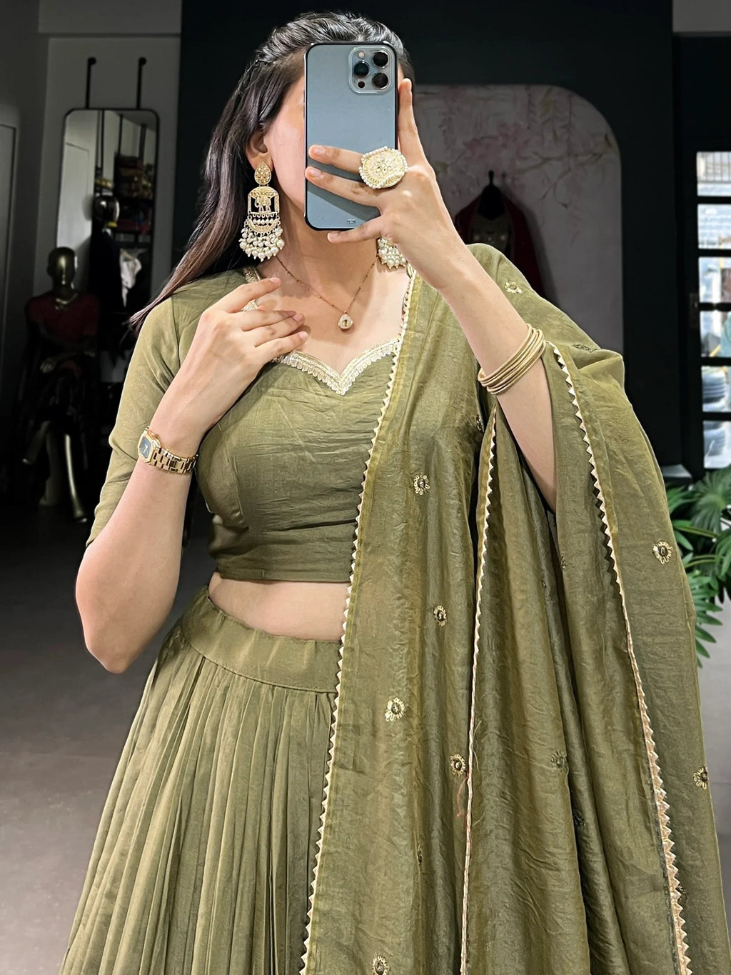 Lovely Mehendi Green Zari Weaving Chanderi Silk Mehendi Wear Lehenga Choli