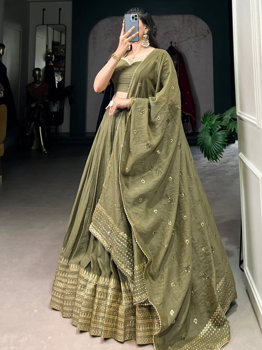 Lovely Mehendi Green Zari Weaving Chanderi Silk Mehendi Wear Lehenga Choli