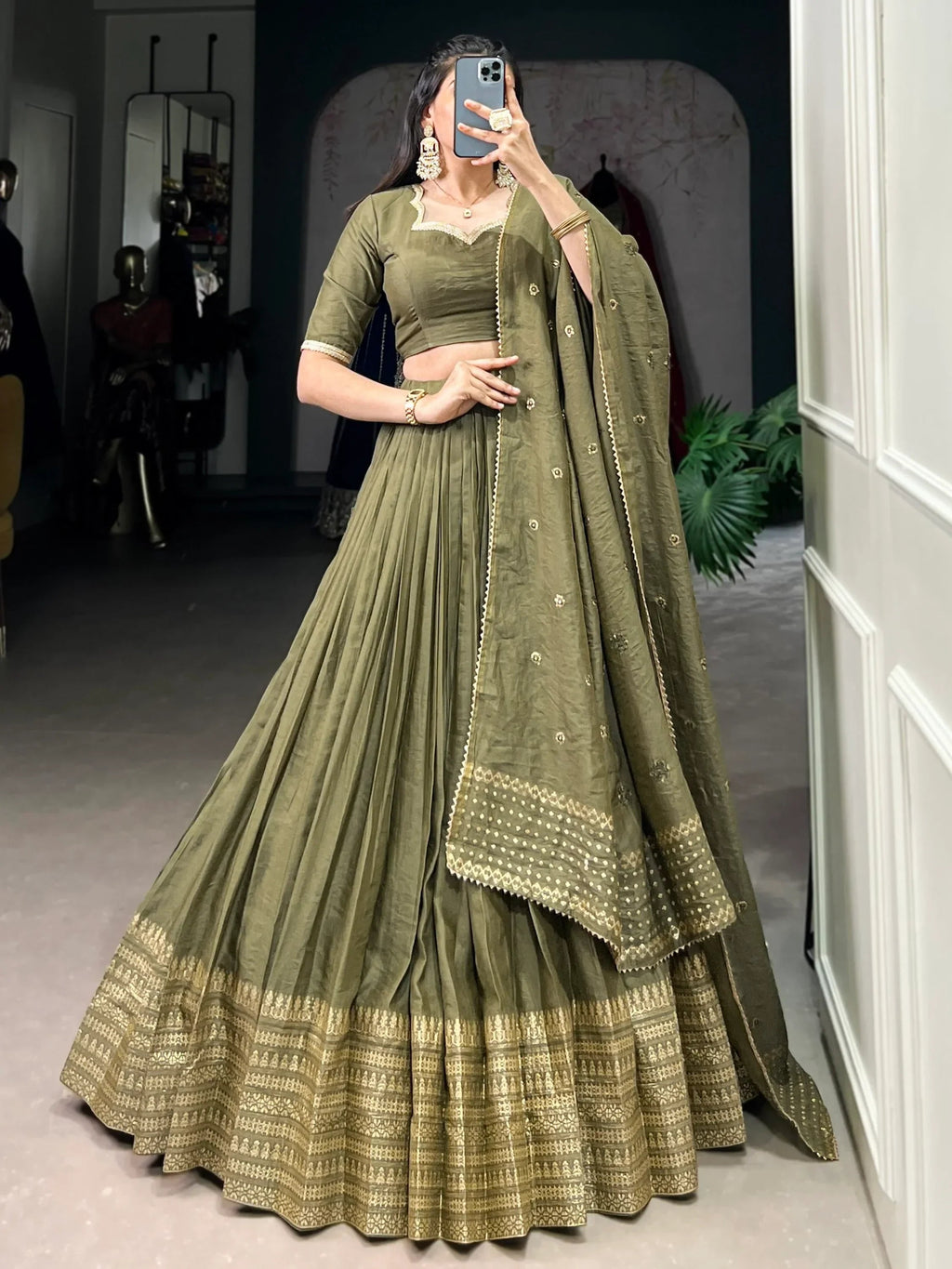 Lovely Mehendi Green Zari Weaving Chanderi Silk Mehendi Wear Lehenga Choli