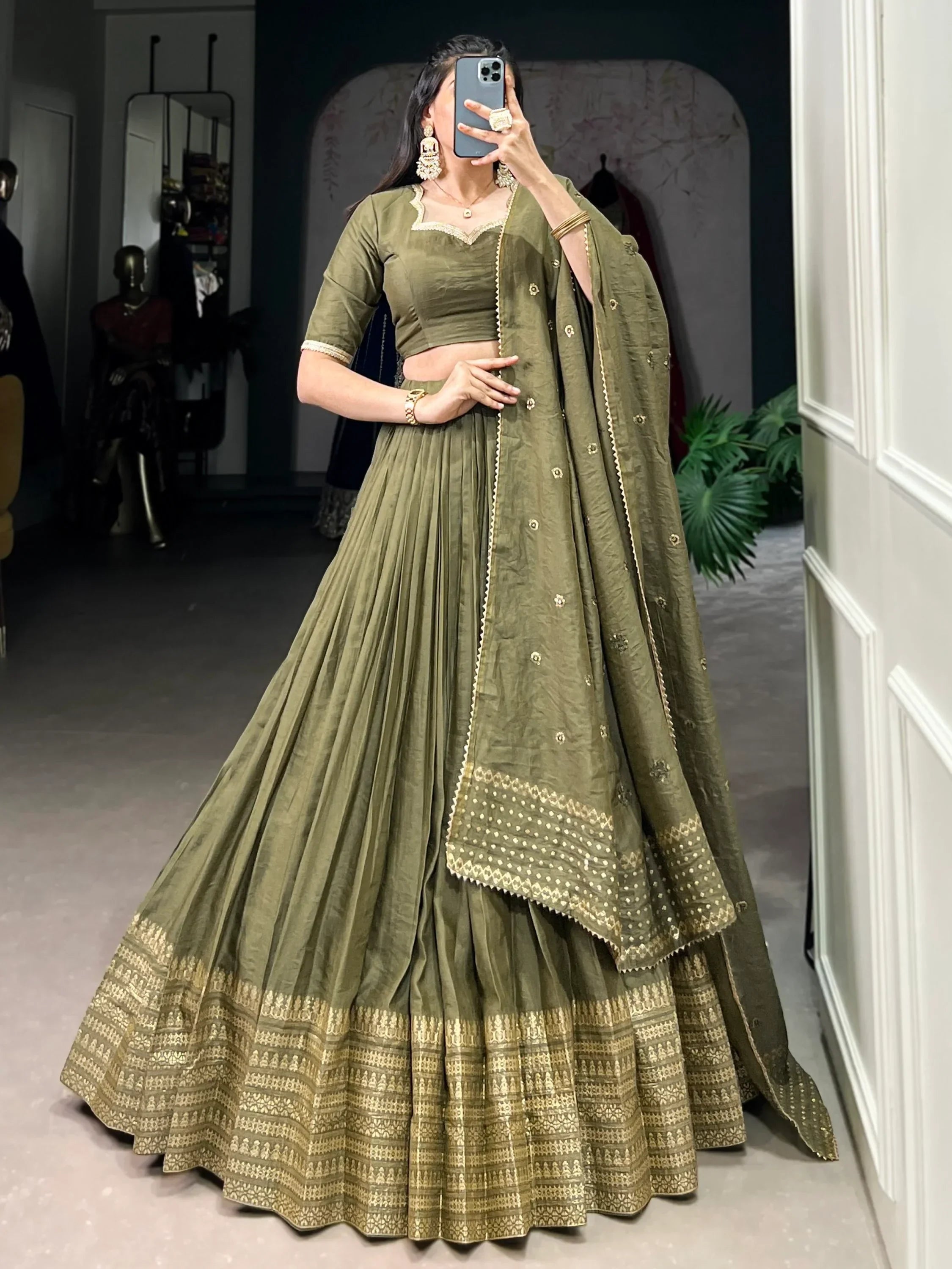 Lovely Mehendi Green Zari Weaving Chanderi Silk Mehendi Wear Lehenga Choli