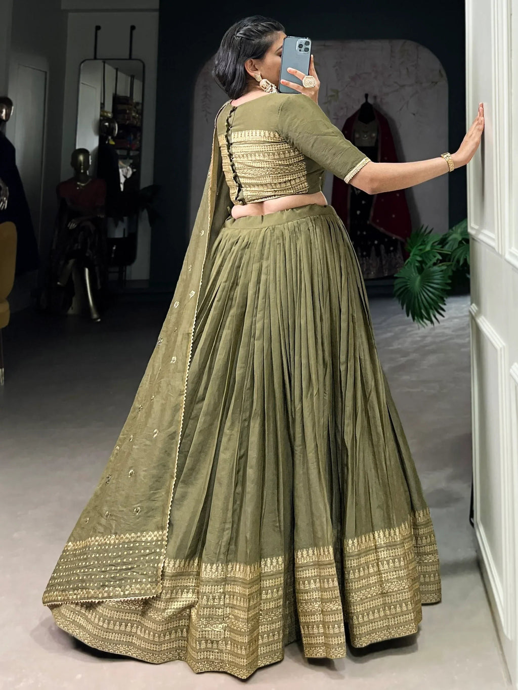 Lovely Mehendi Green Zari Weaving Chanderi Silk Mehendi Wear Lehenga Choli